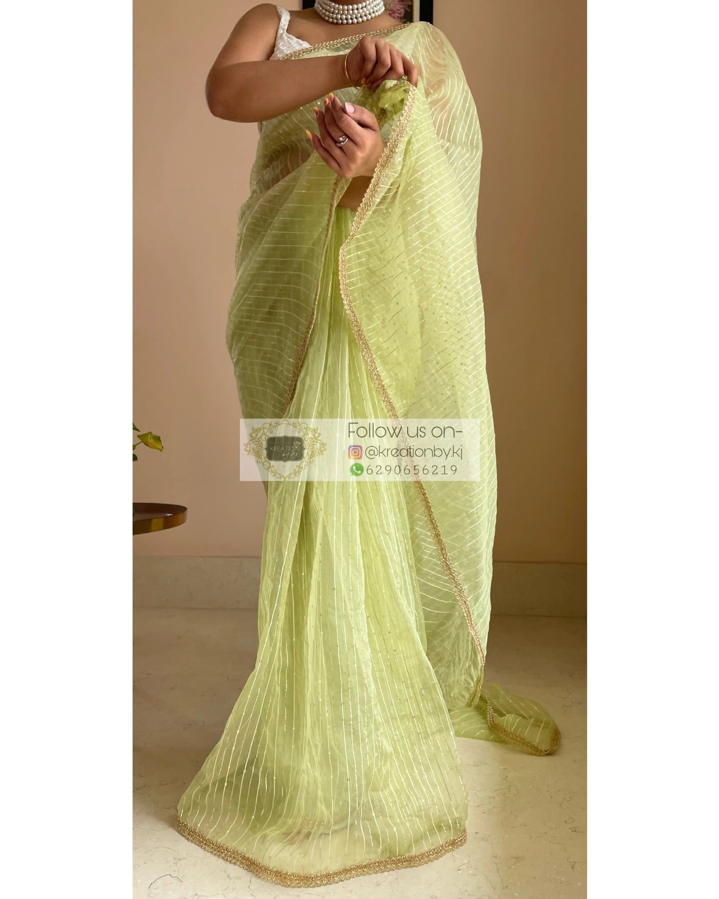 Green Organza Saree with Stripes kreationbykj