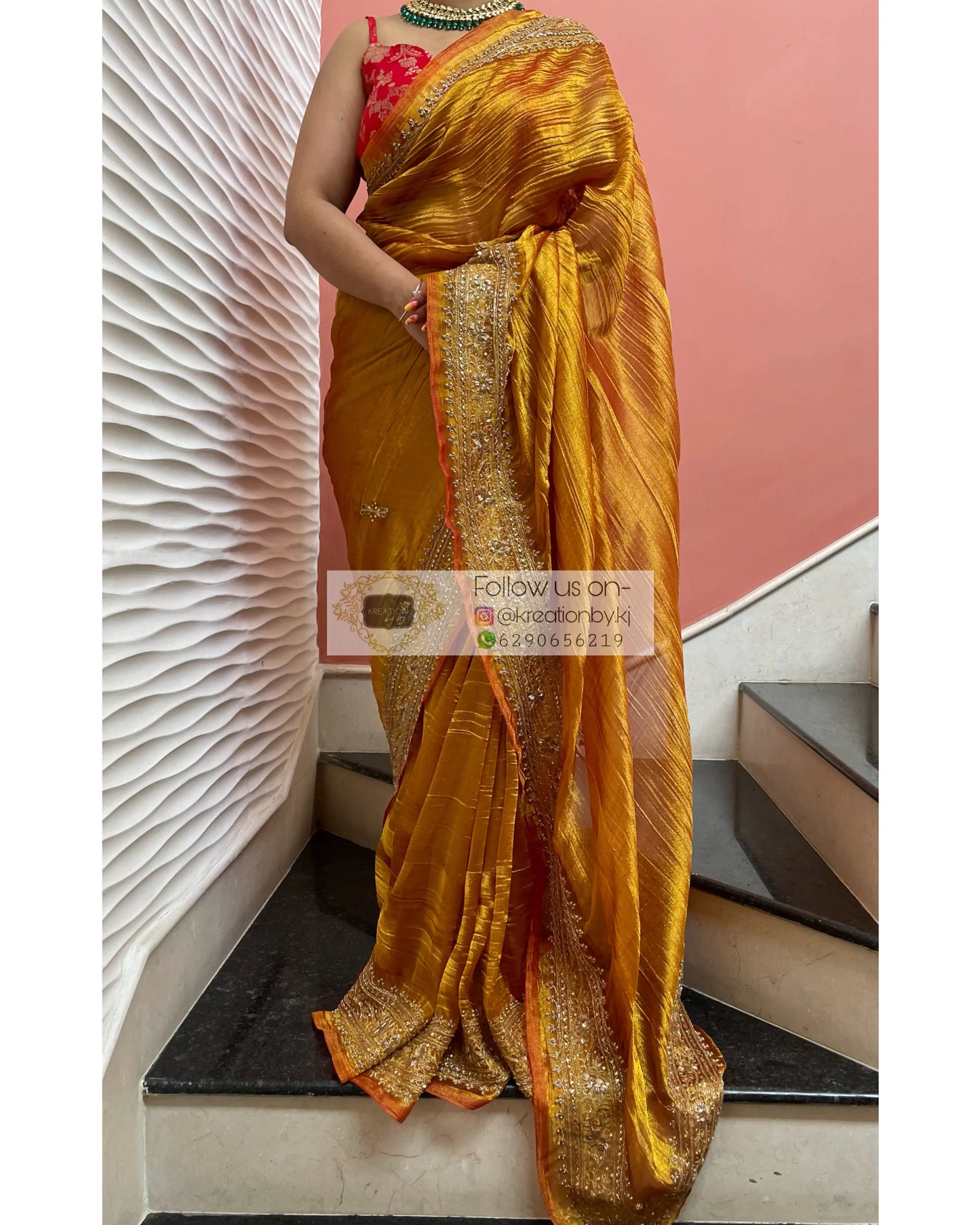 Fiery Gold Zari Tissue Zarina Saree kreationbykj