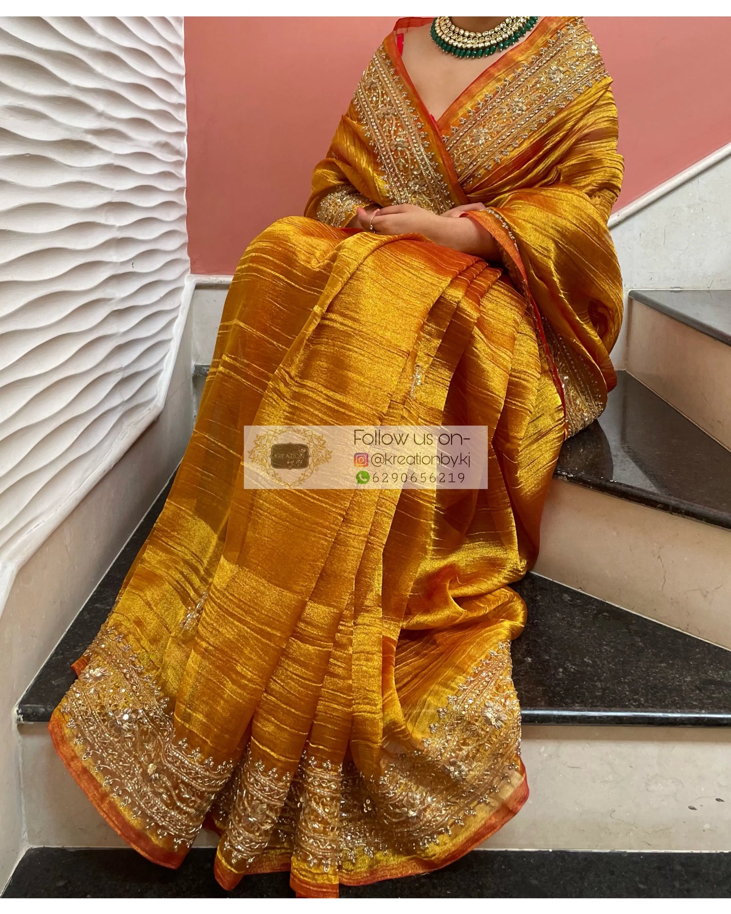 Fiery Gold Zari Tissue Zarina Saree kreationbykj