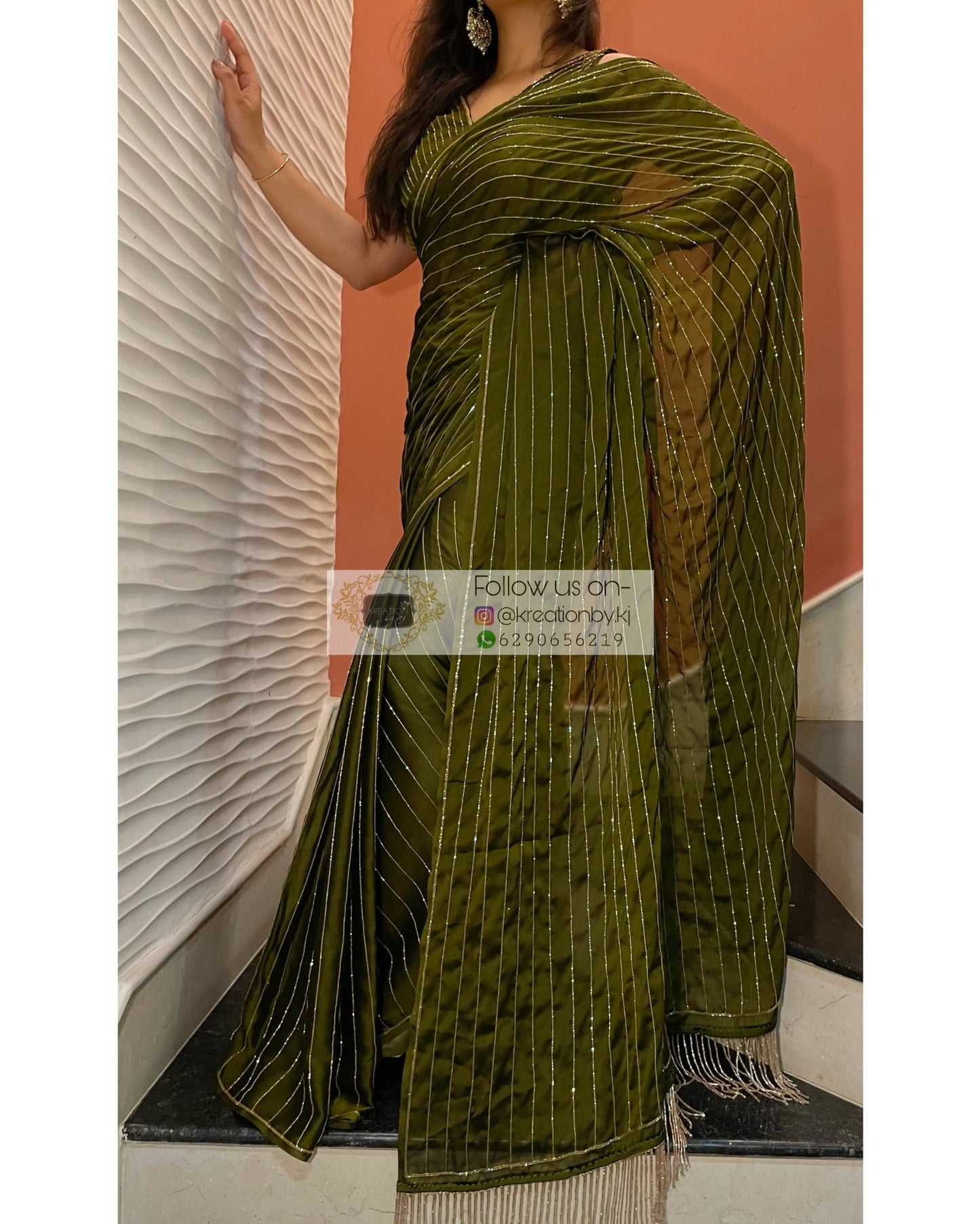 Olive Green Georgette Noorani Cocktail Saree kreationbykj