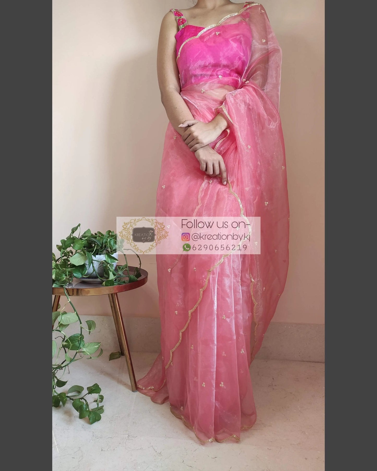 Peach Glass Tissue Saree with scalloping - kreationbykj