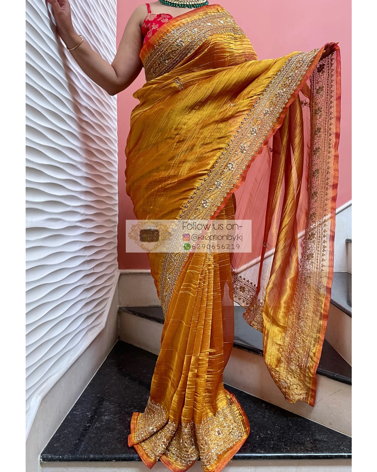 Fiery Gold Zari Tissue Zarina Saree kreationbykj