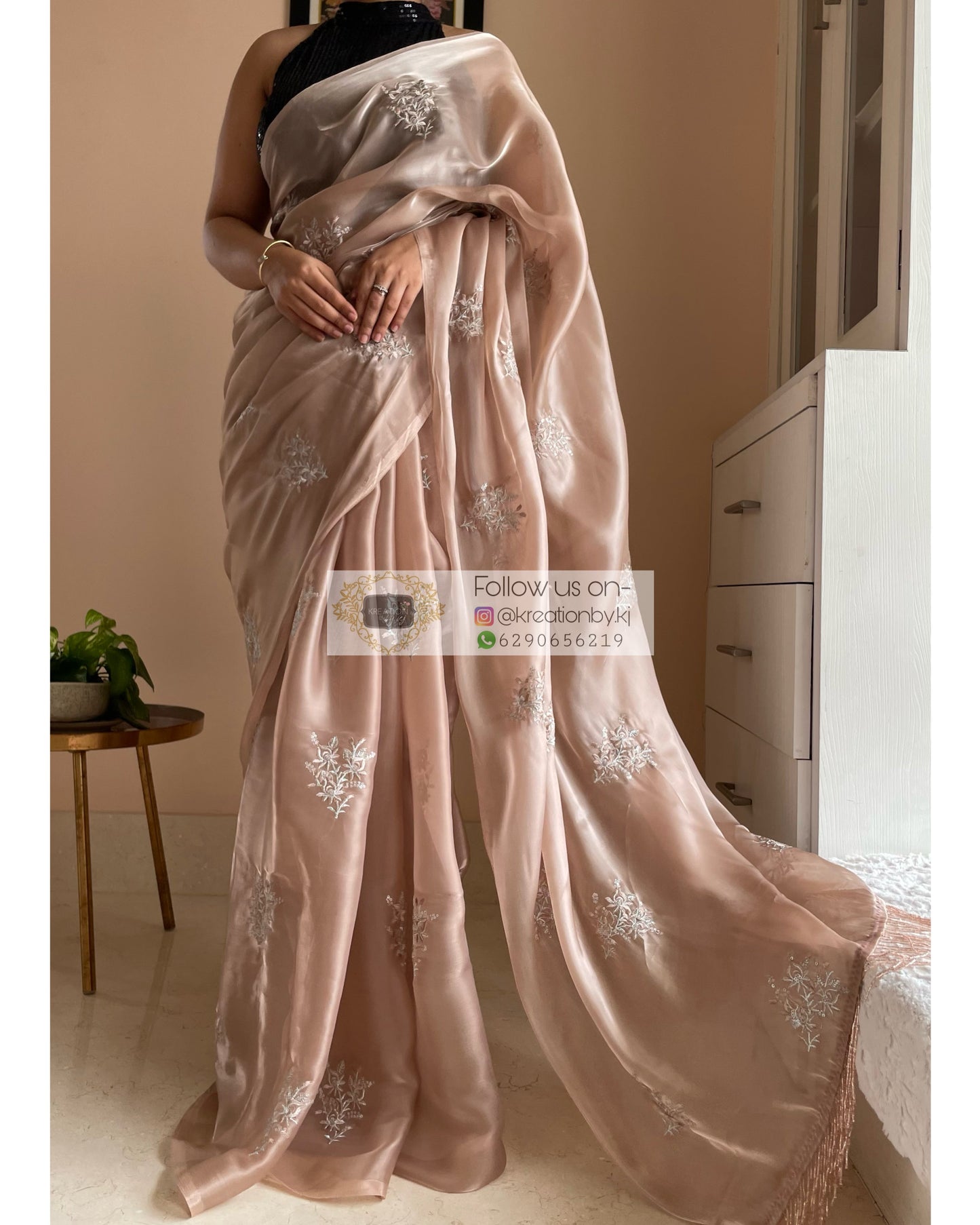 Beige Glass Organza Saree with Embroidery kreationbykj