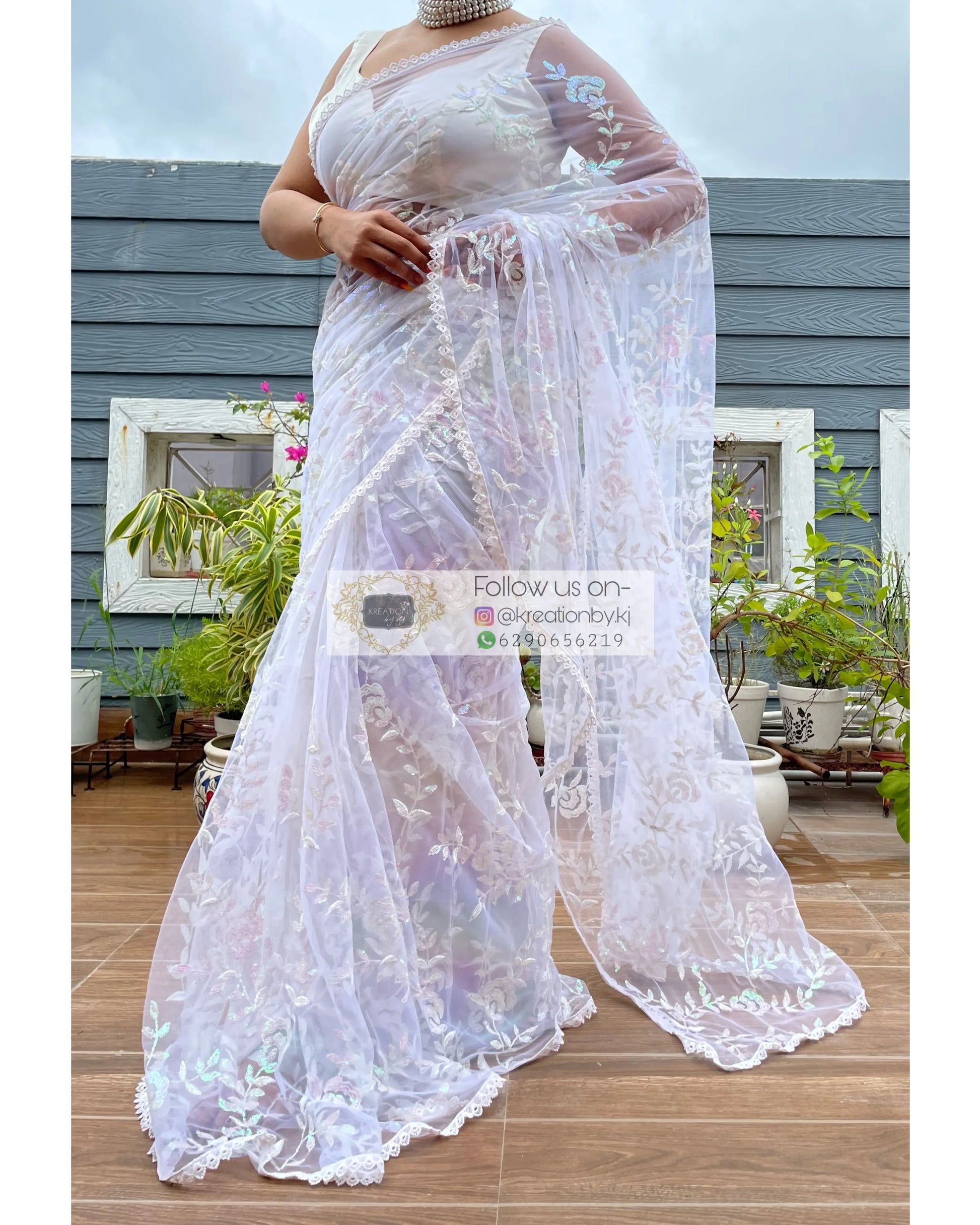 White Bahar e Gul Net Saree kreationbykj