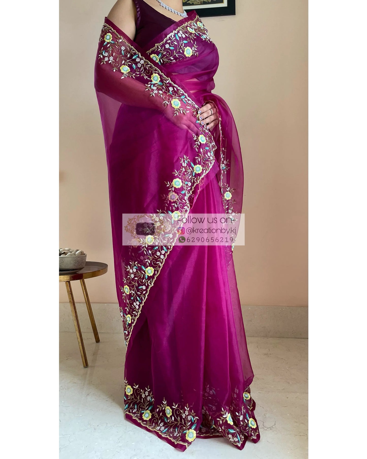 Pankhuri Wine Organza Saree - kreationbykj