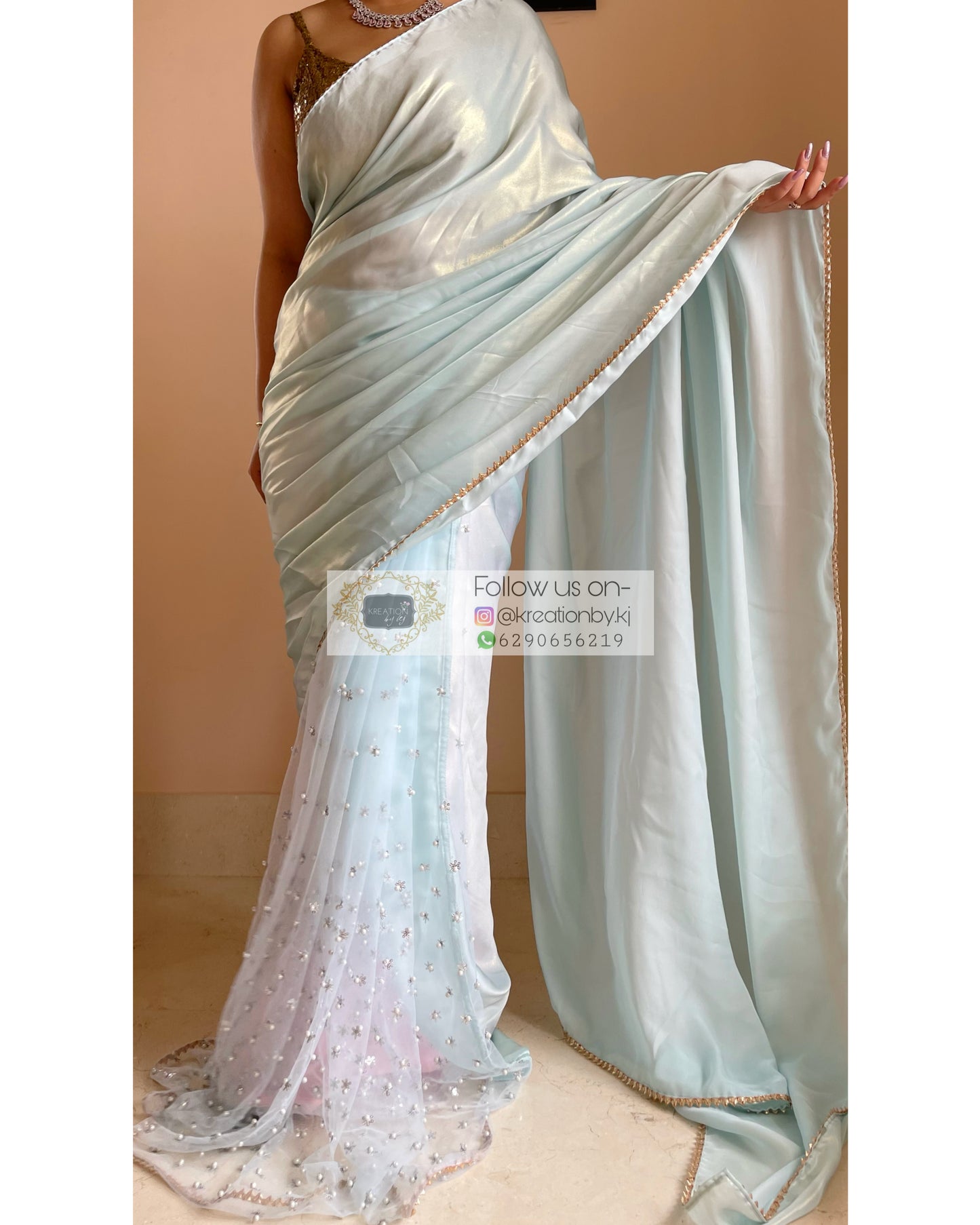 Ice Blue Shimmer Sequins Saree - kreationbykj