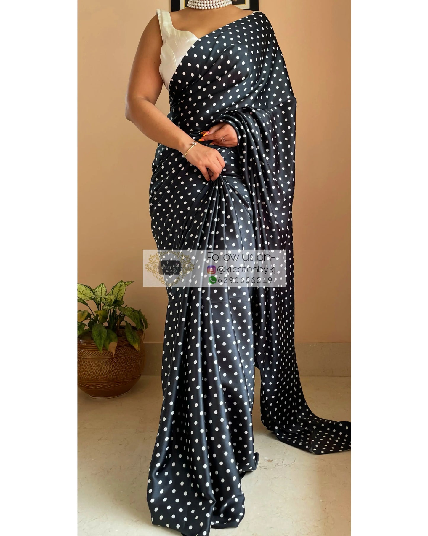 Black Polka Dot Satin Silk Saree kreationbykj