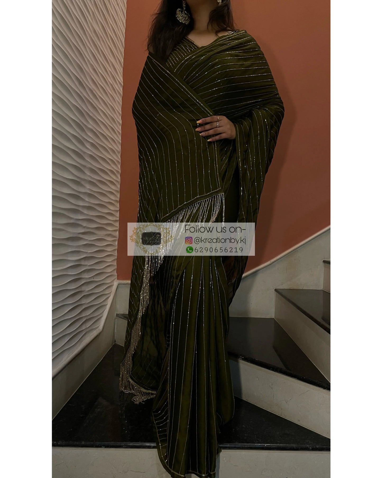 Olive Green Georgette Noorani Cocktail Saree kreationbykj