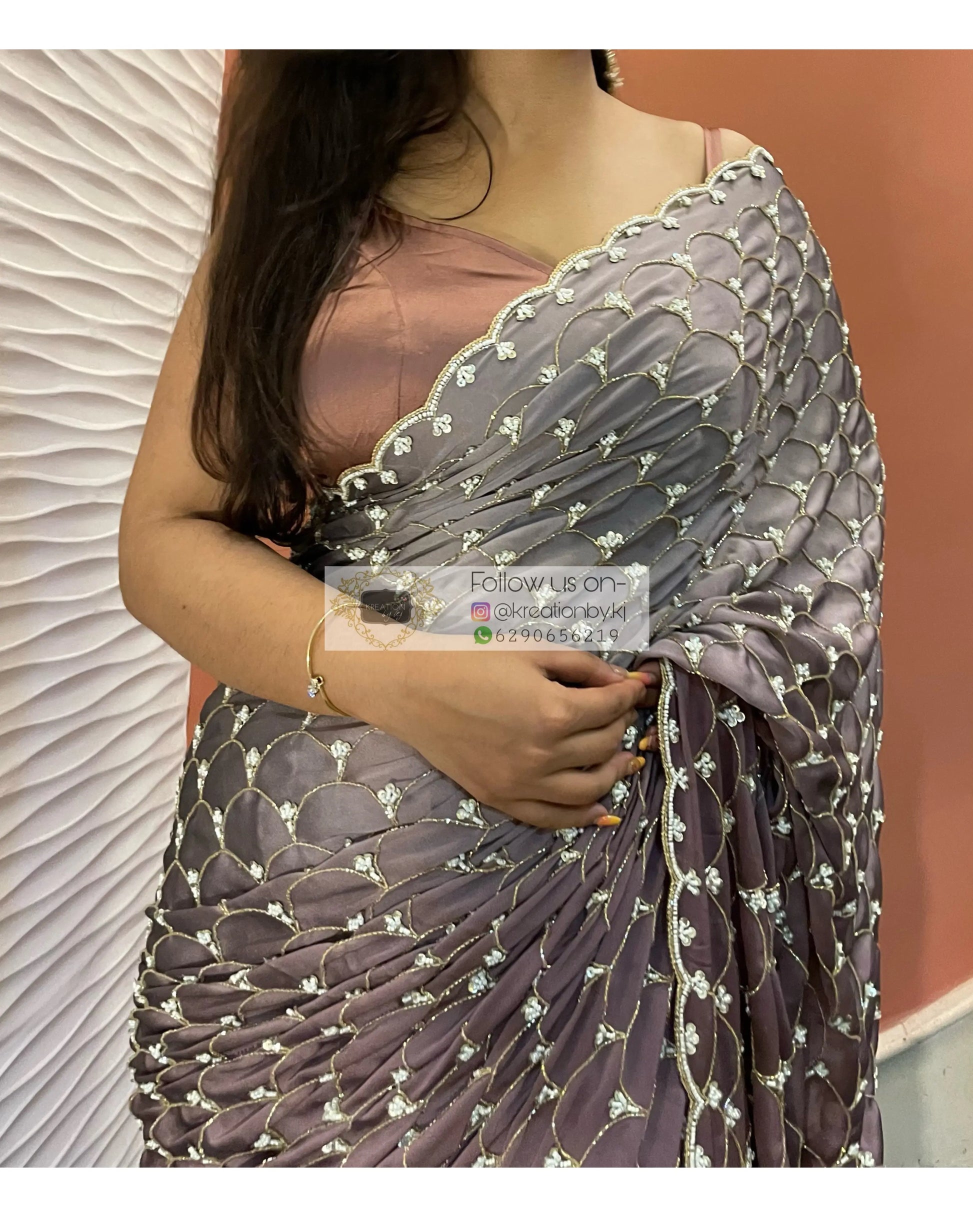 Grey- Mauve Ombré Cutdana Mehraab Jaal Cocktail Saree kreationbykj