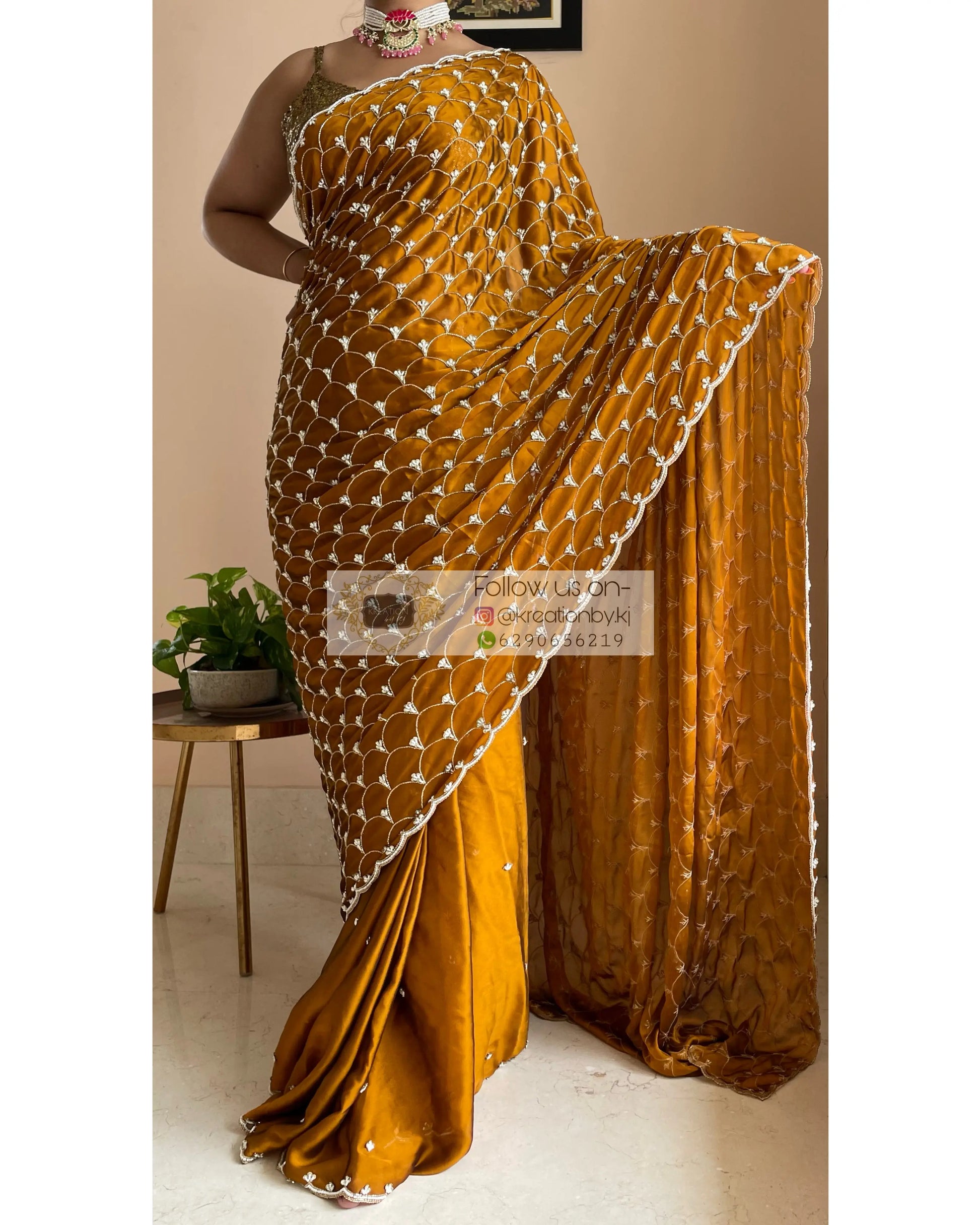 Mustard Golden Cutdana Mehraab Jaal Saree for Haldi kreationbykj