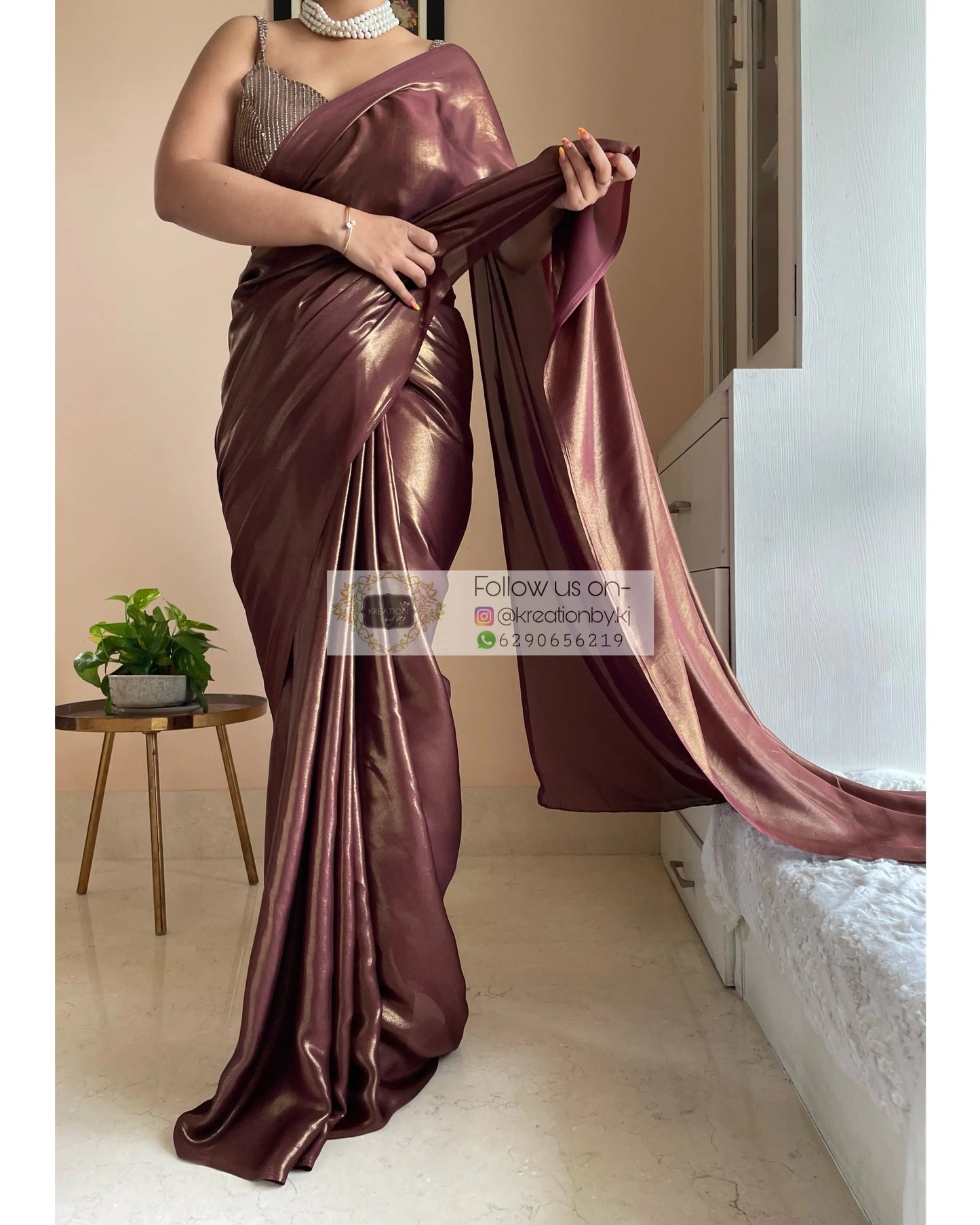 Molten Chocolate Brown Shimmer Satin Saree kreationbykj