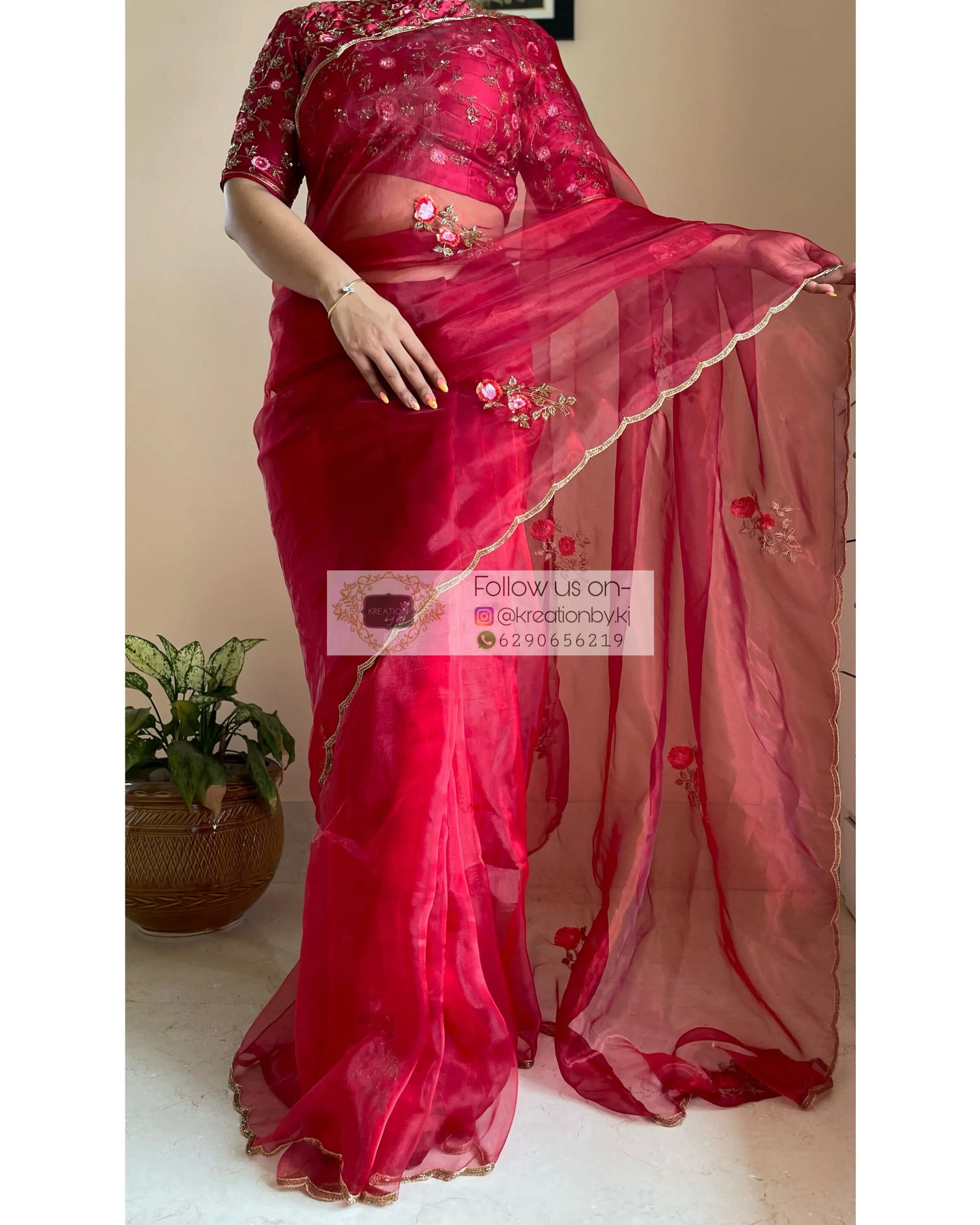 Remember the Roses Red Glass Tissue Saree - kreationbykj