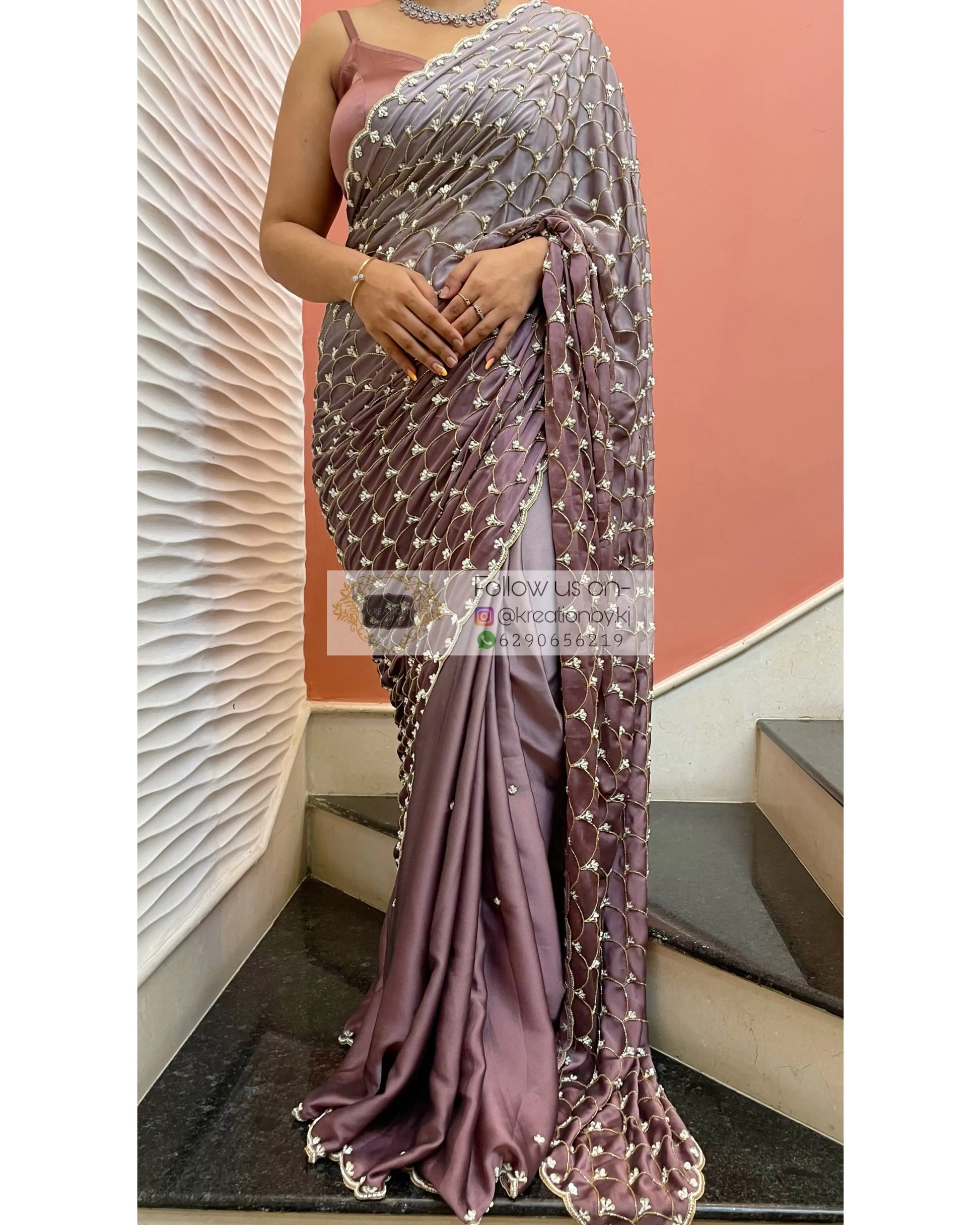 Grey- Mauve Ombré Cutdana Mehraab Jaal Cocktail Saree kreationbykj