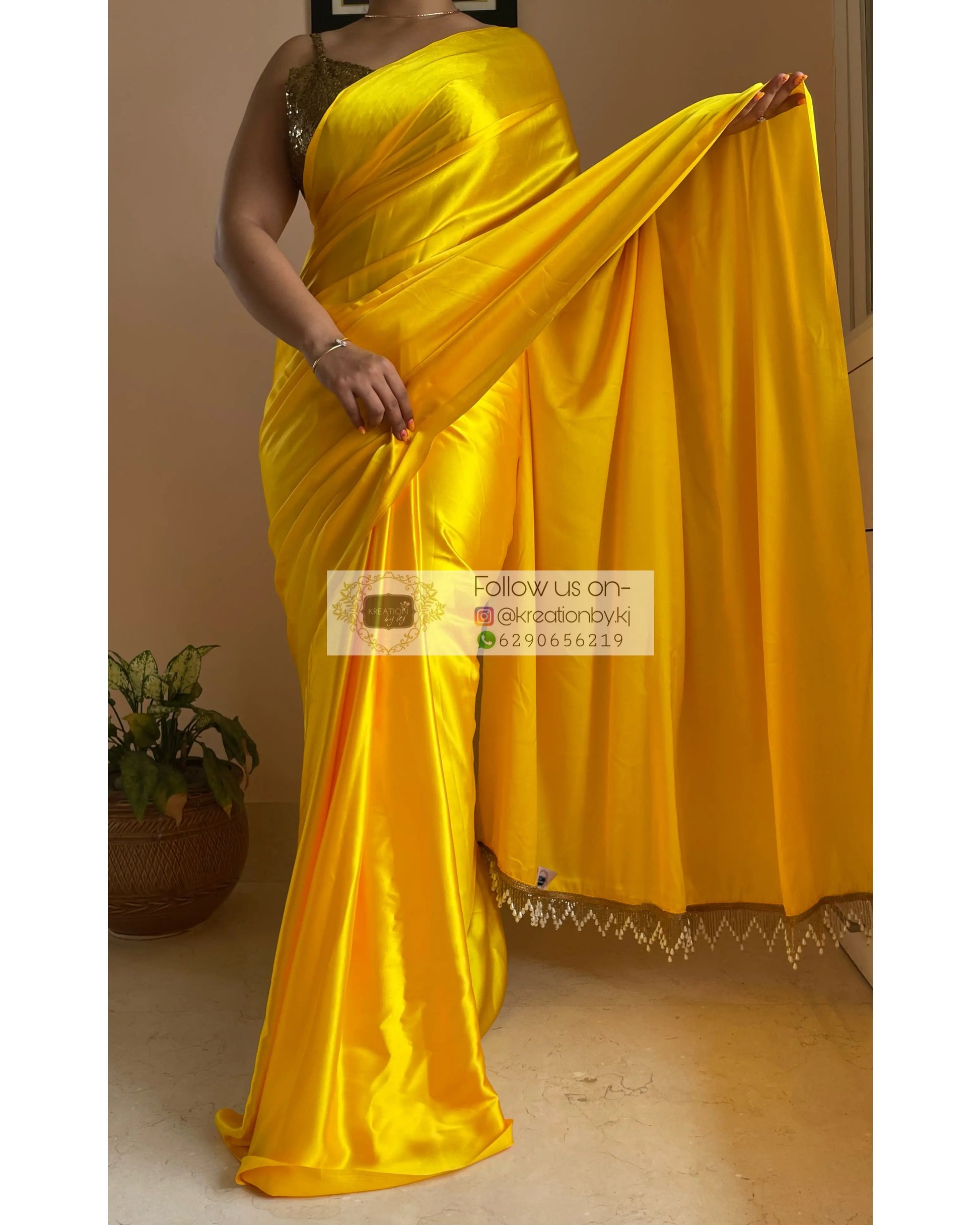 Canary Yellow Satin Silk Saree with Handmade Tassels on Pallu - kreationbykj