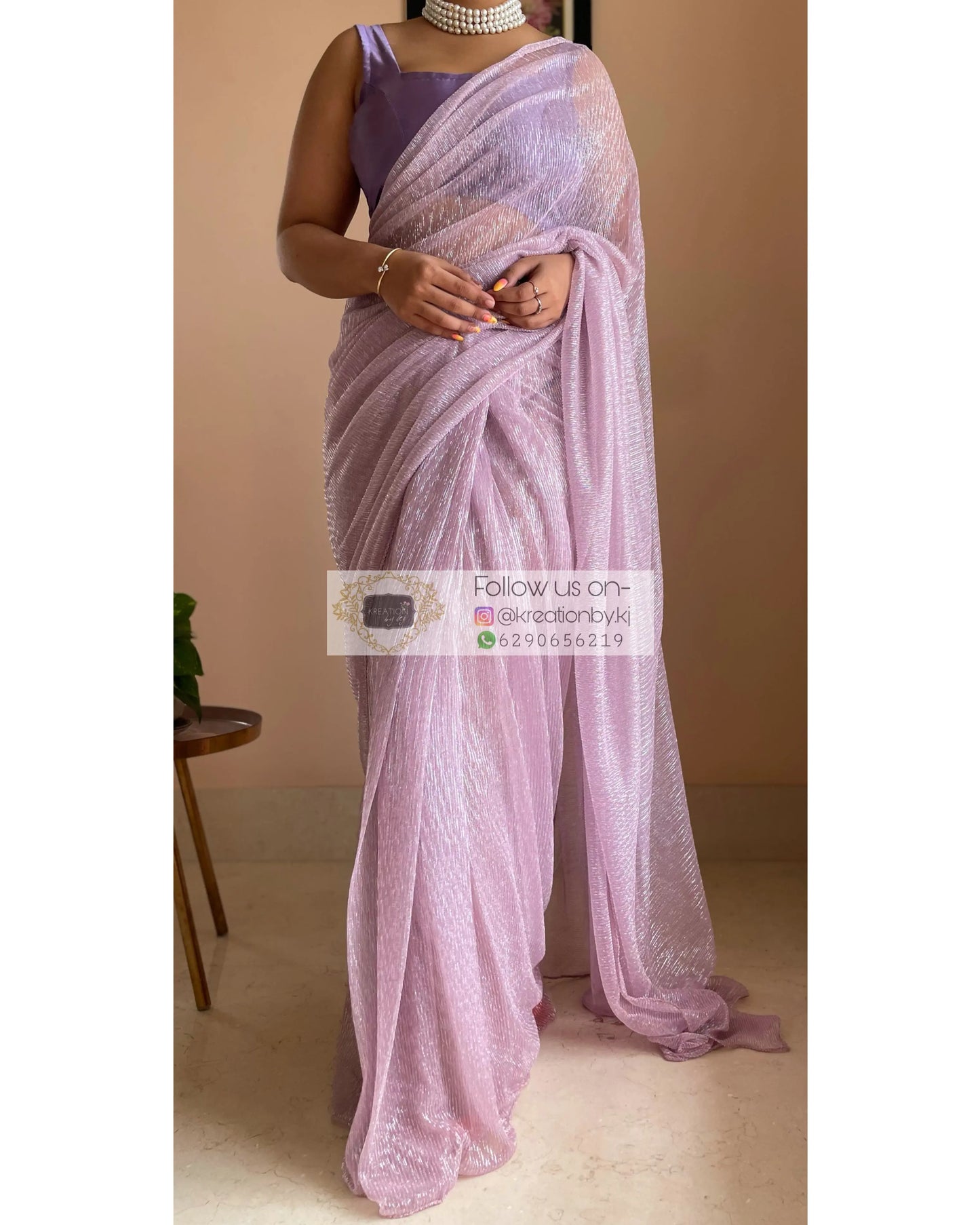 Lilac Shimmer Pleated Net Saree For Romantic Date kreationbykj
