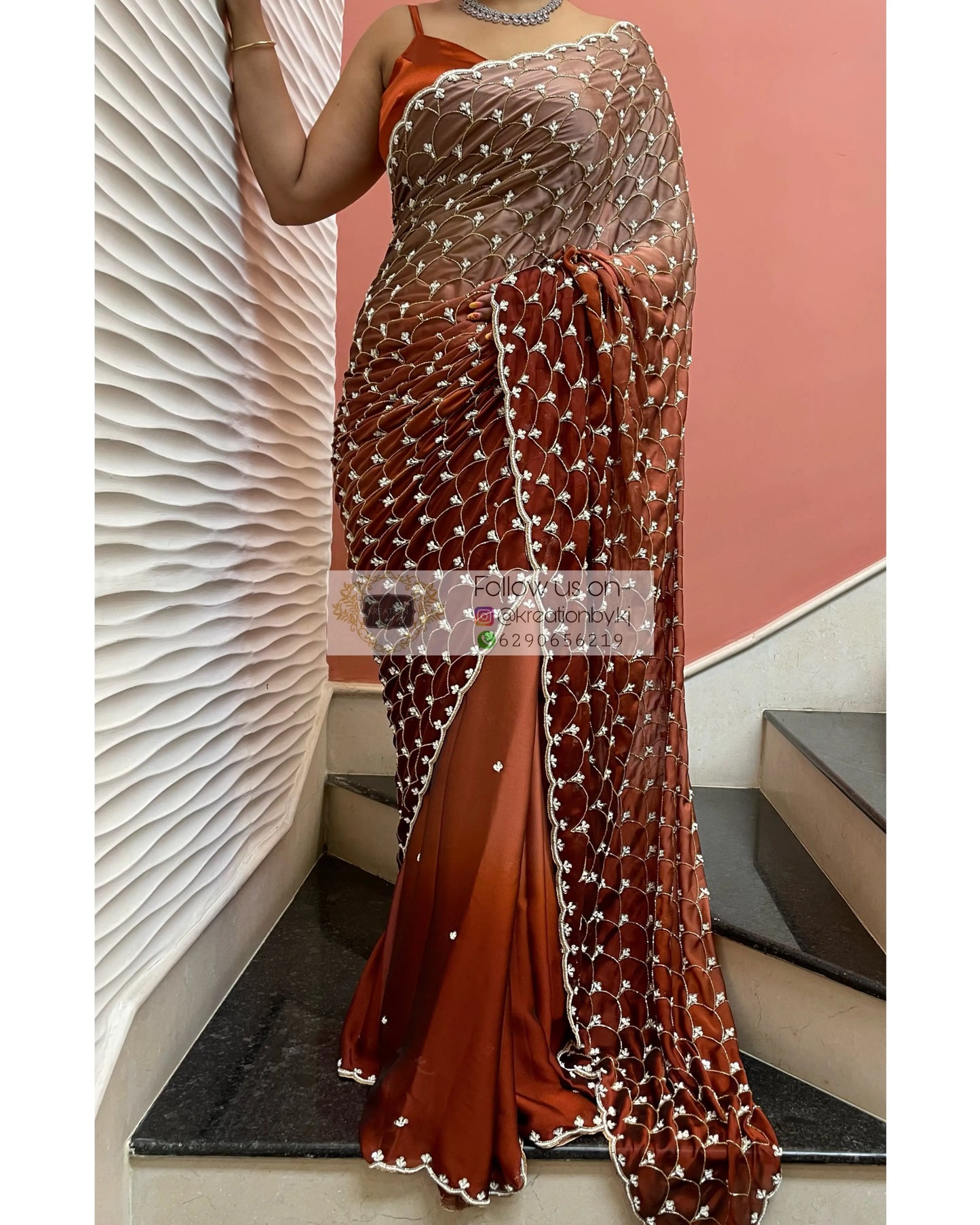 Espresso Martini Ombré Cutdana Mehraab Jaal  Designer Saree kreationbykj