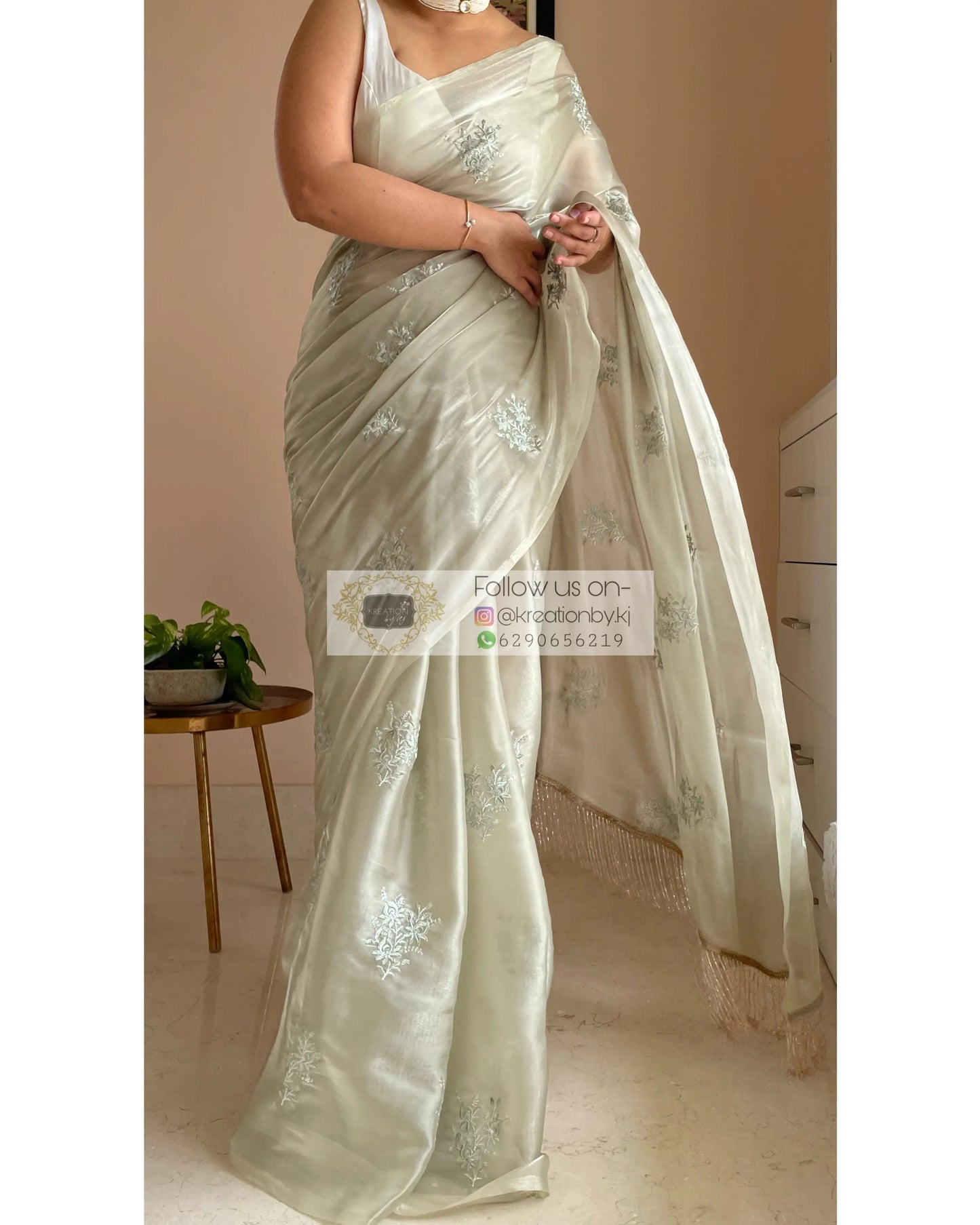 Ash Green Glass Organza Saree with Embroidery kreationbykj