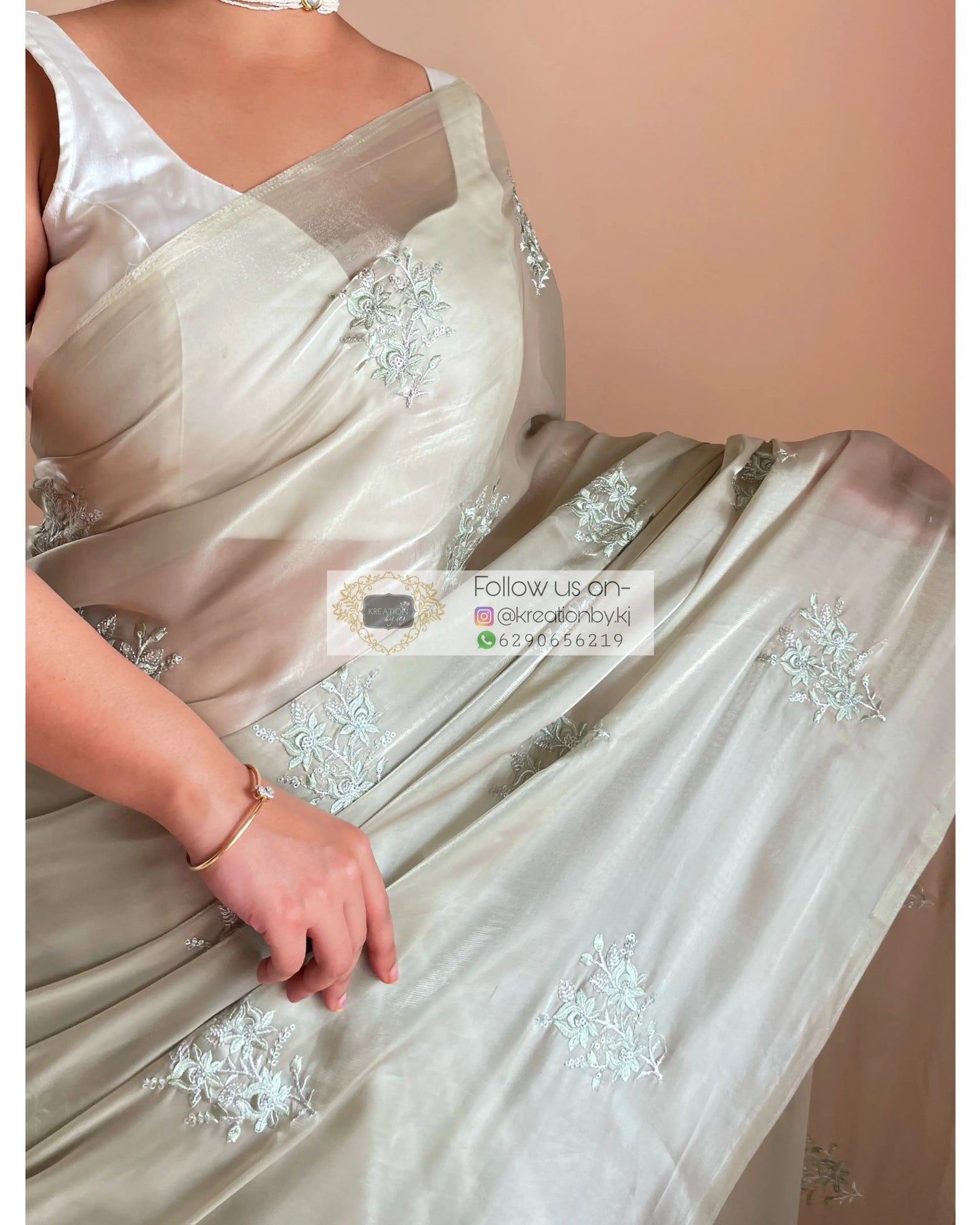 Ash Green Glass Organza Saree with Embroidery kreationbykj