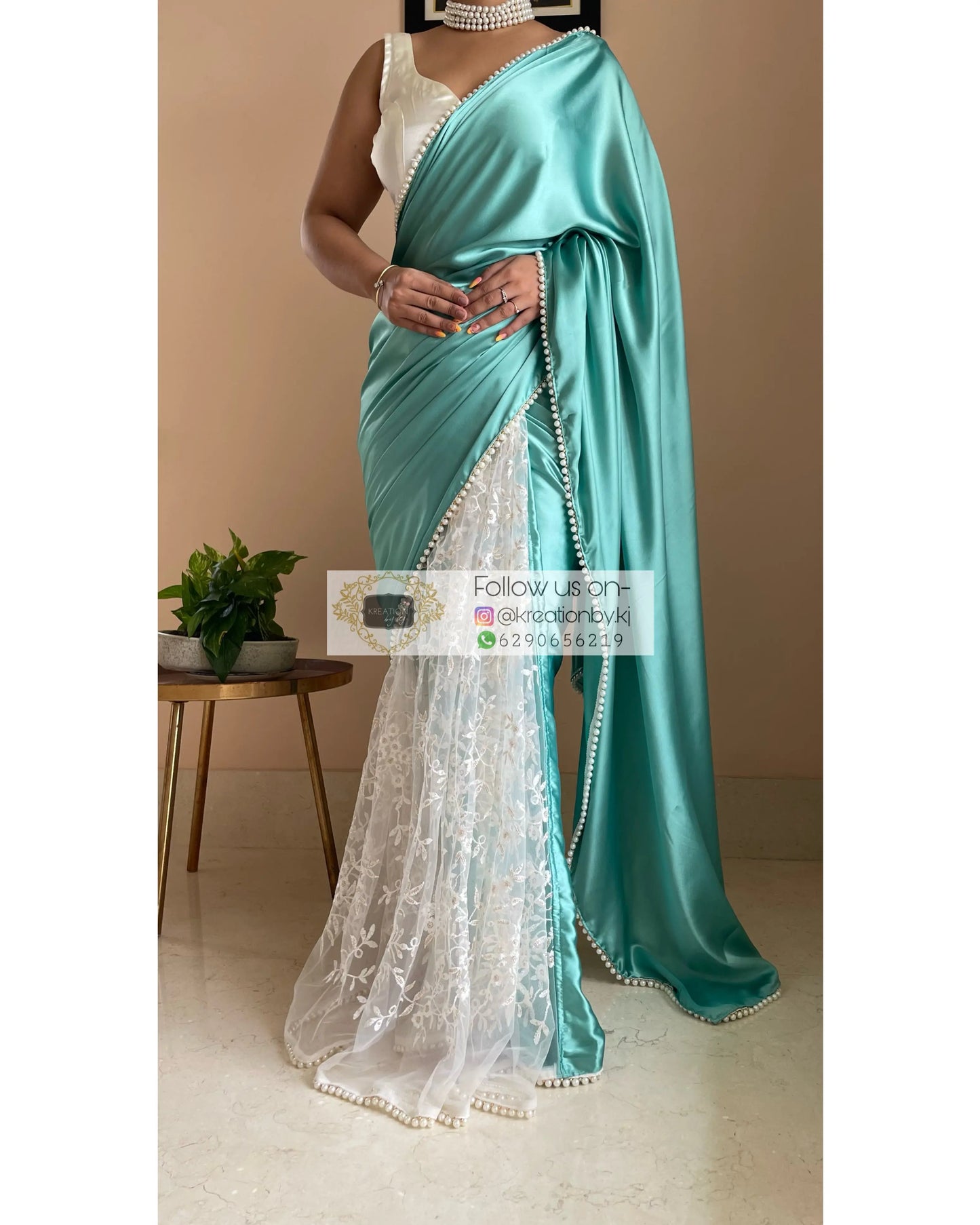 Turquoise Cherry Blossom Saree kreationbykj