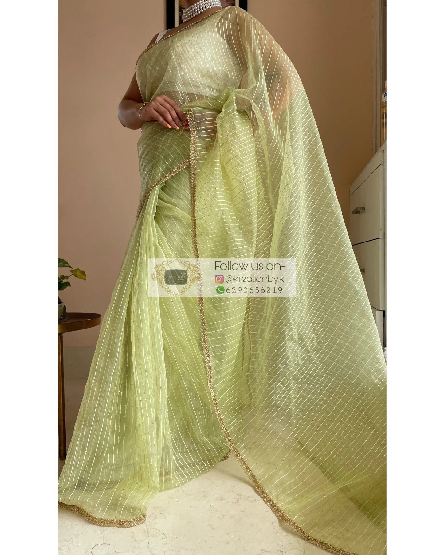 Green Organza Saree with Stripes kreationbykj