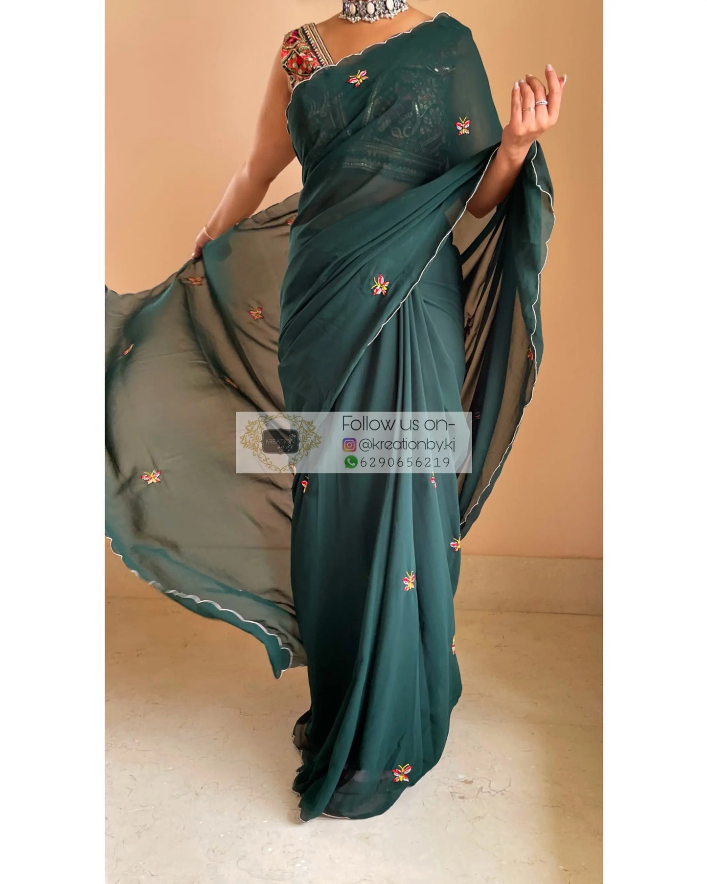 Bottle Green Butterflies on A Fence Saree - kreationbykj