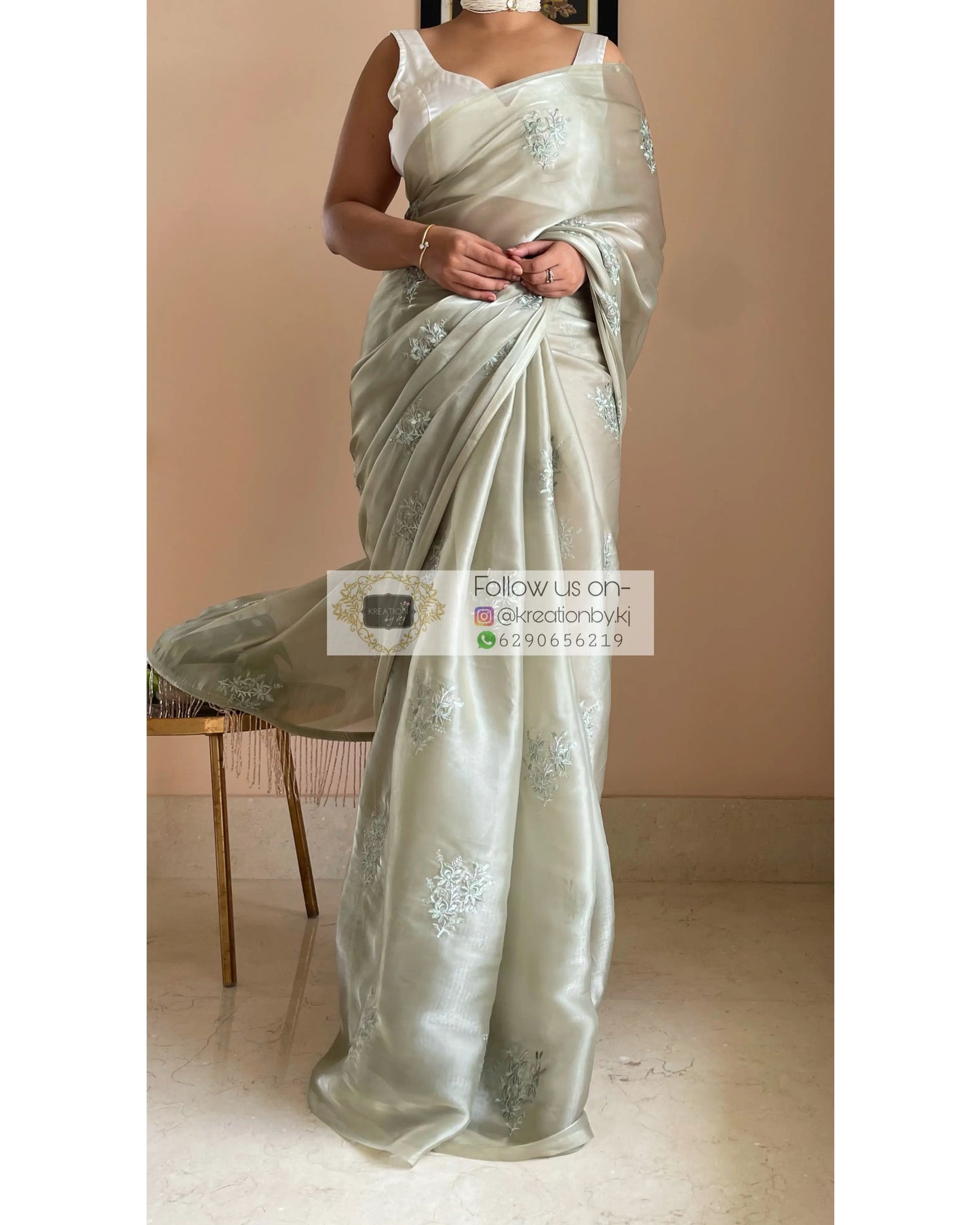 Ash Green Glass Organza Saree with Embroidery kreationbykj