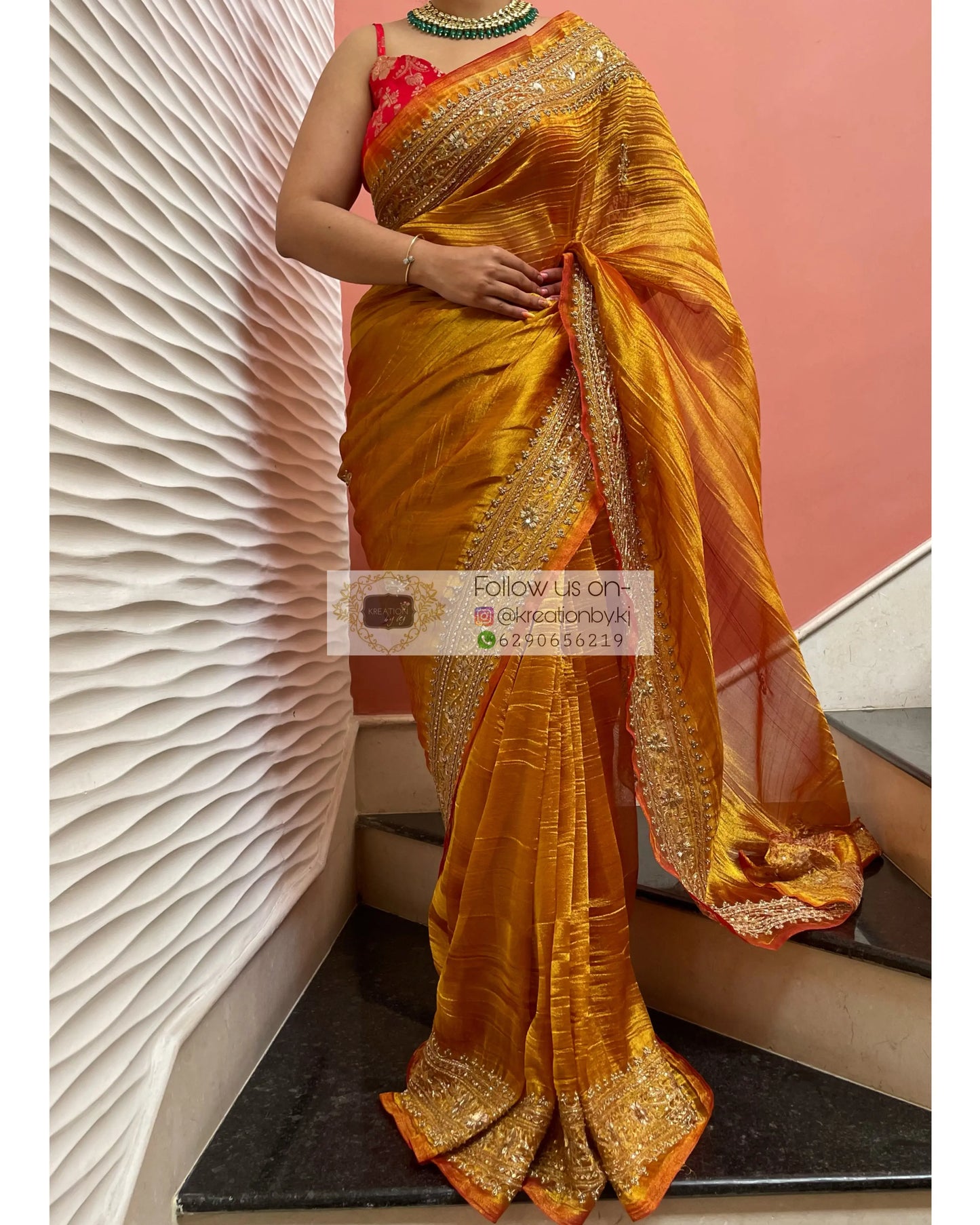 Fiery Gold Zari Tissue Zarina Saree kreationbykj
