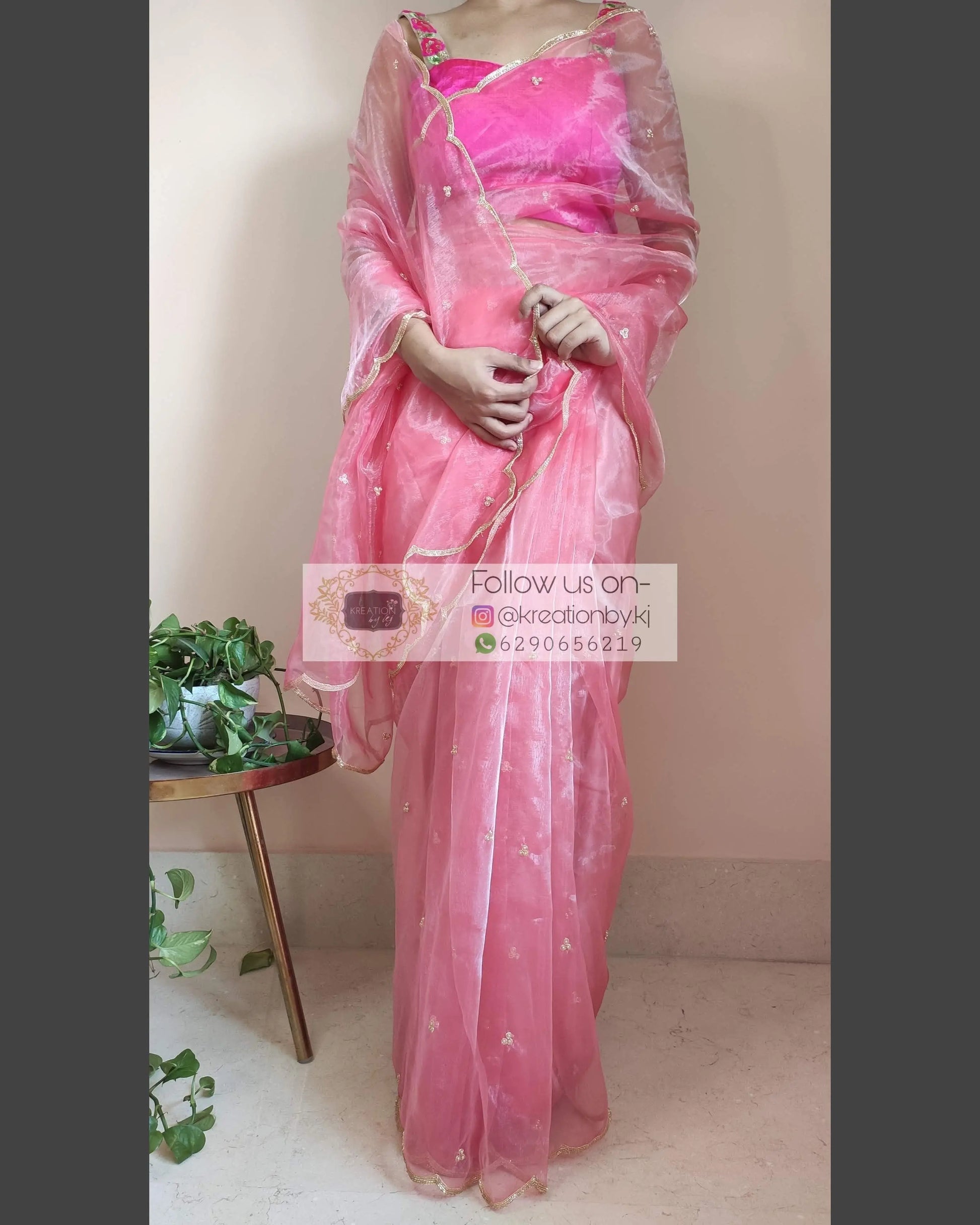 Peach Glass Tissue Saree with scalloping - kreationbykj