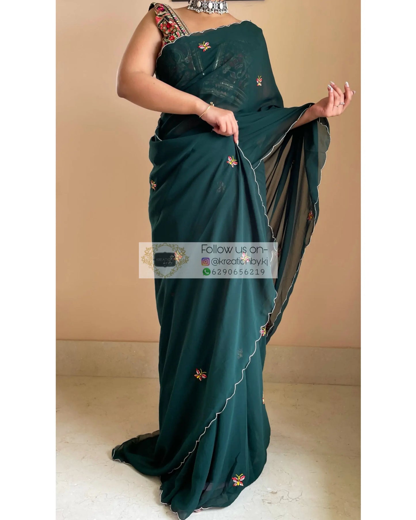 Bottle Green Butterflies on A Fence Saree - kreationbykj