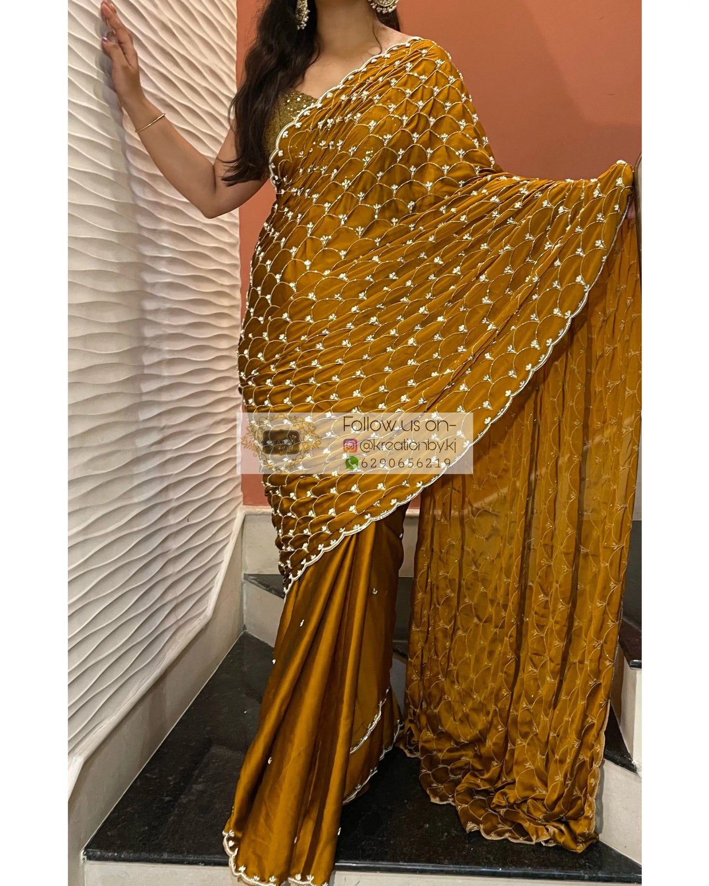 Mustard Golden Cutdana Mehraab Jaal Saree for Haldi kreationbykj