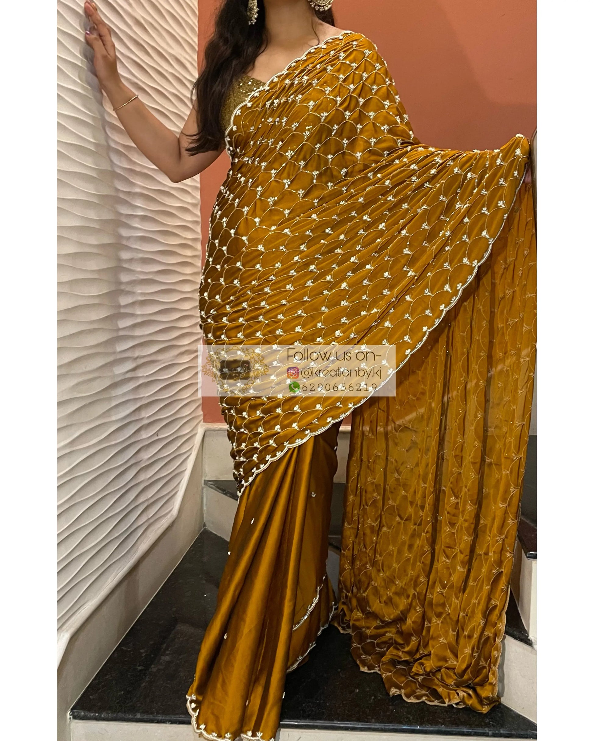 Mustard Golden Cutdana Mehraab Jaal Saree for Haldi kreationbykj