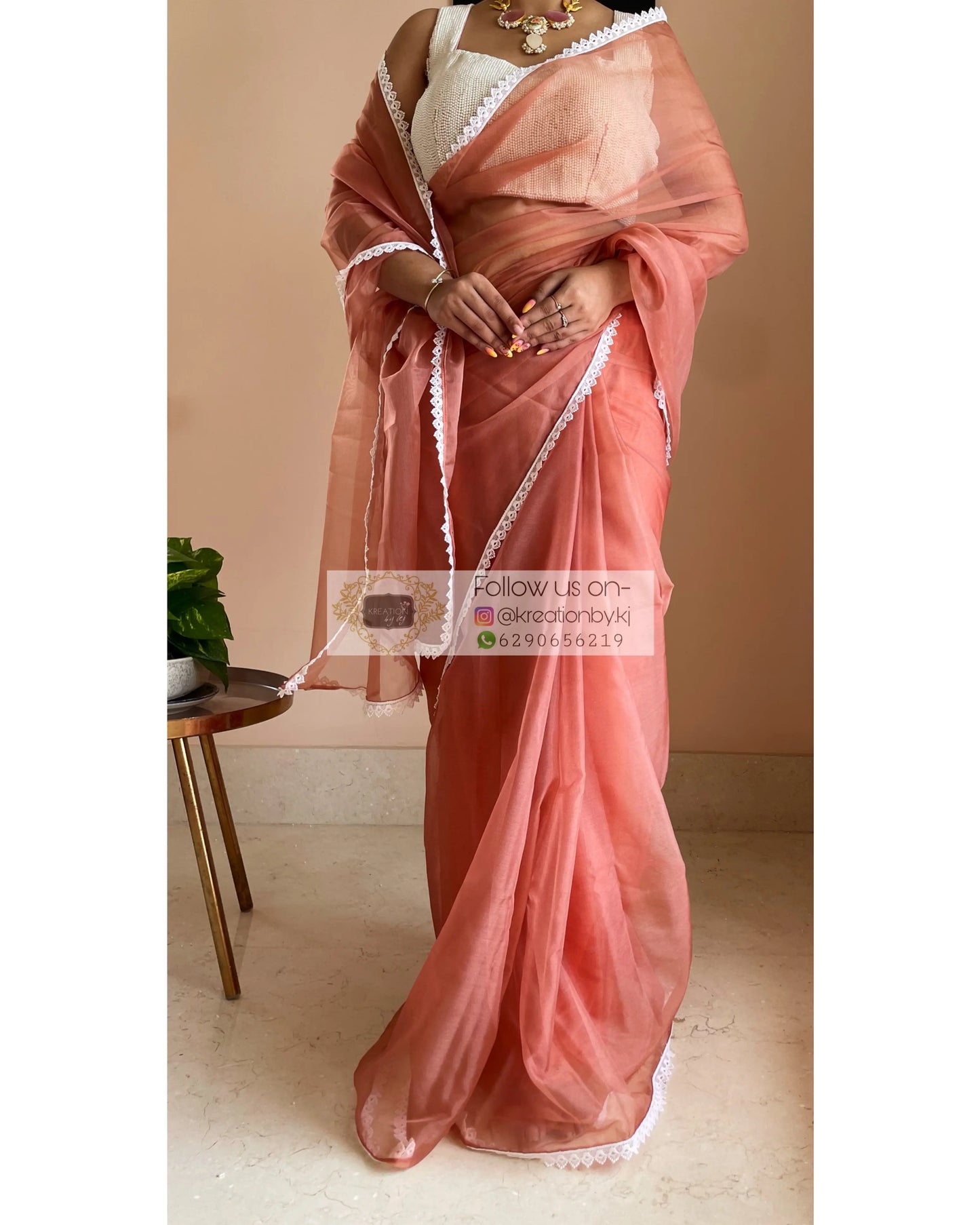 Rust Organza Saree with Pearl Blouse Piece kreationbykj