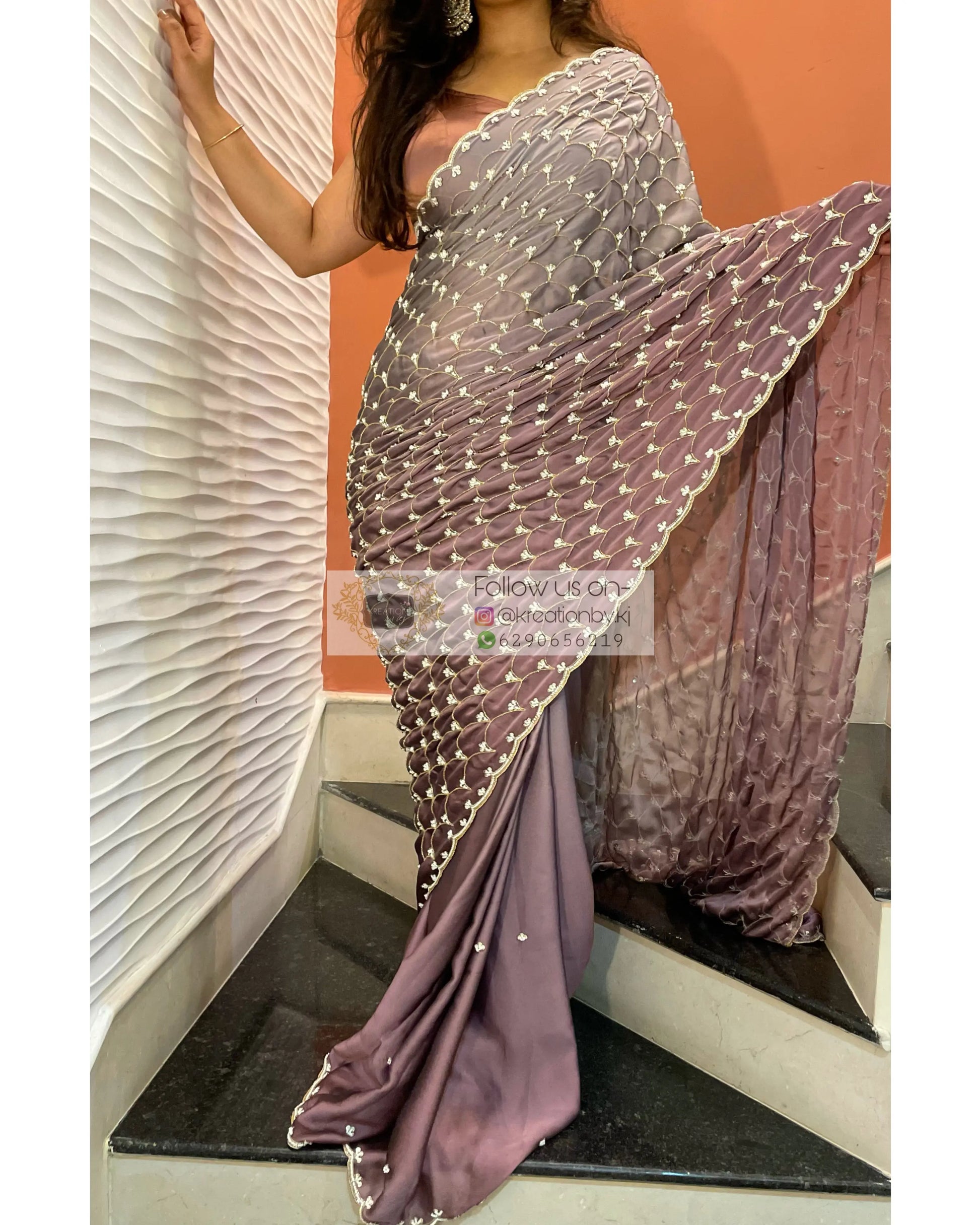 Grey- Mauve Ombré Cutdana Mehraab Jaal Cocktail Saree kreationbykj
