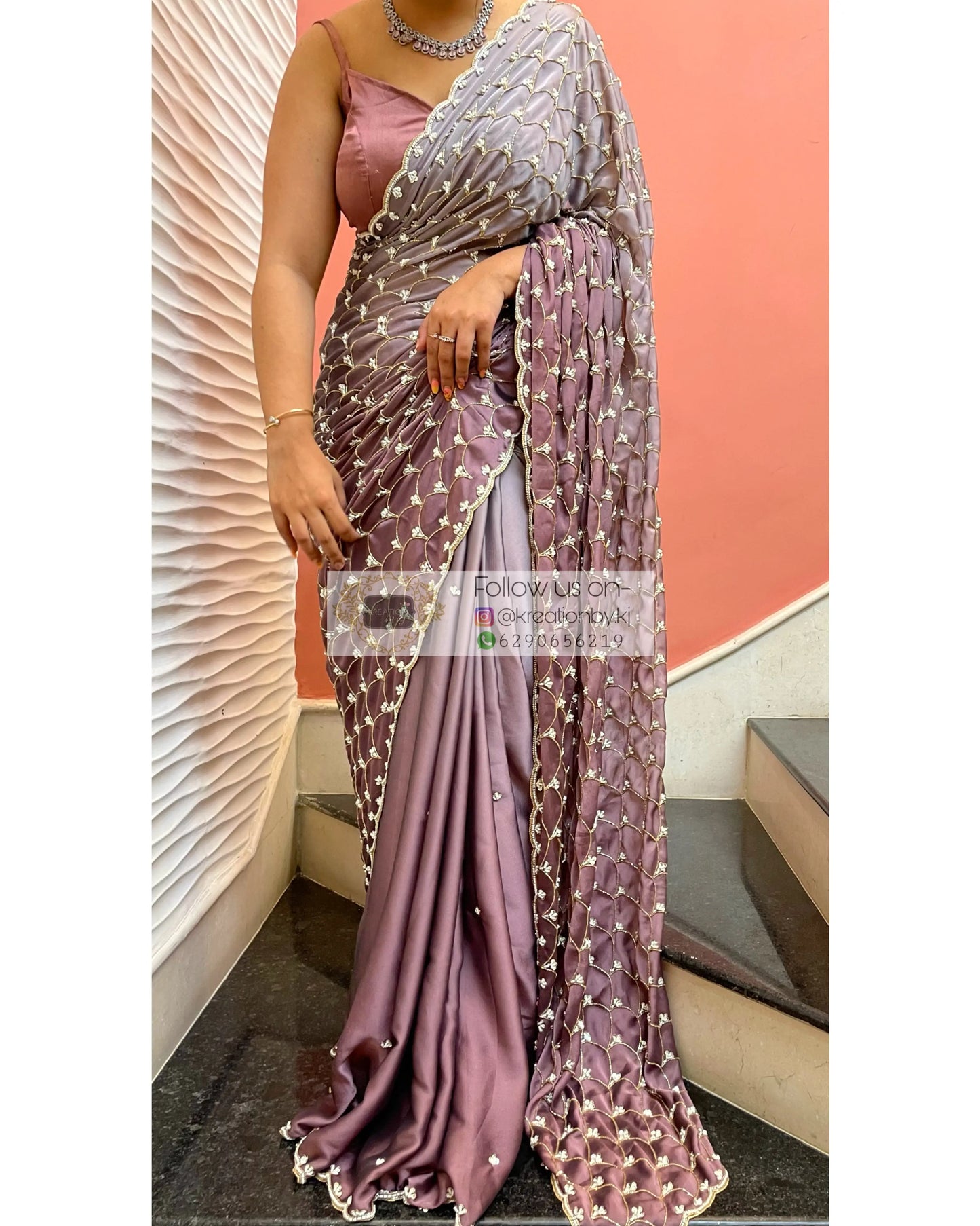 Grey- Mauve Ombré Cutdana Mehraab Jaal Cocktail Saree kreationbykj
