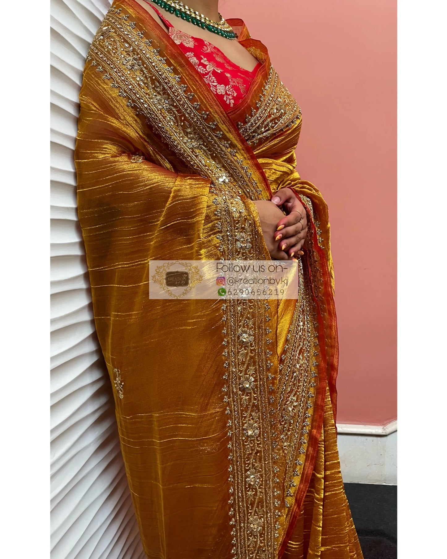 Fiery Gold Zari Tissue Zarina Saree kreationbykj