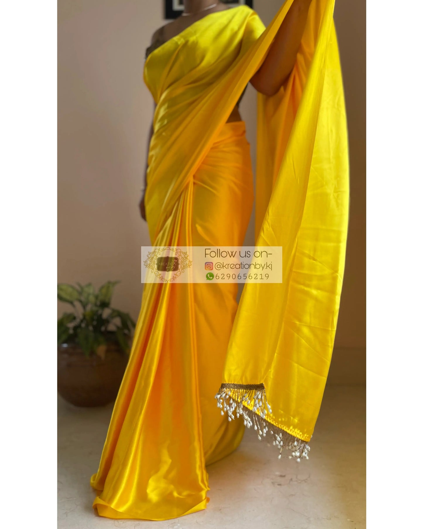 Canary Yellow Satin Silk Saree with Handmade Tassels on Pallu - kreationbykj
