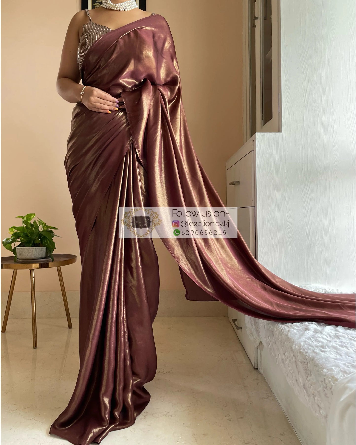 Molten Chocolate Brown Shimmer Satin Saree kreationbykj