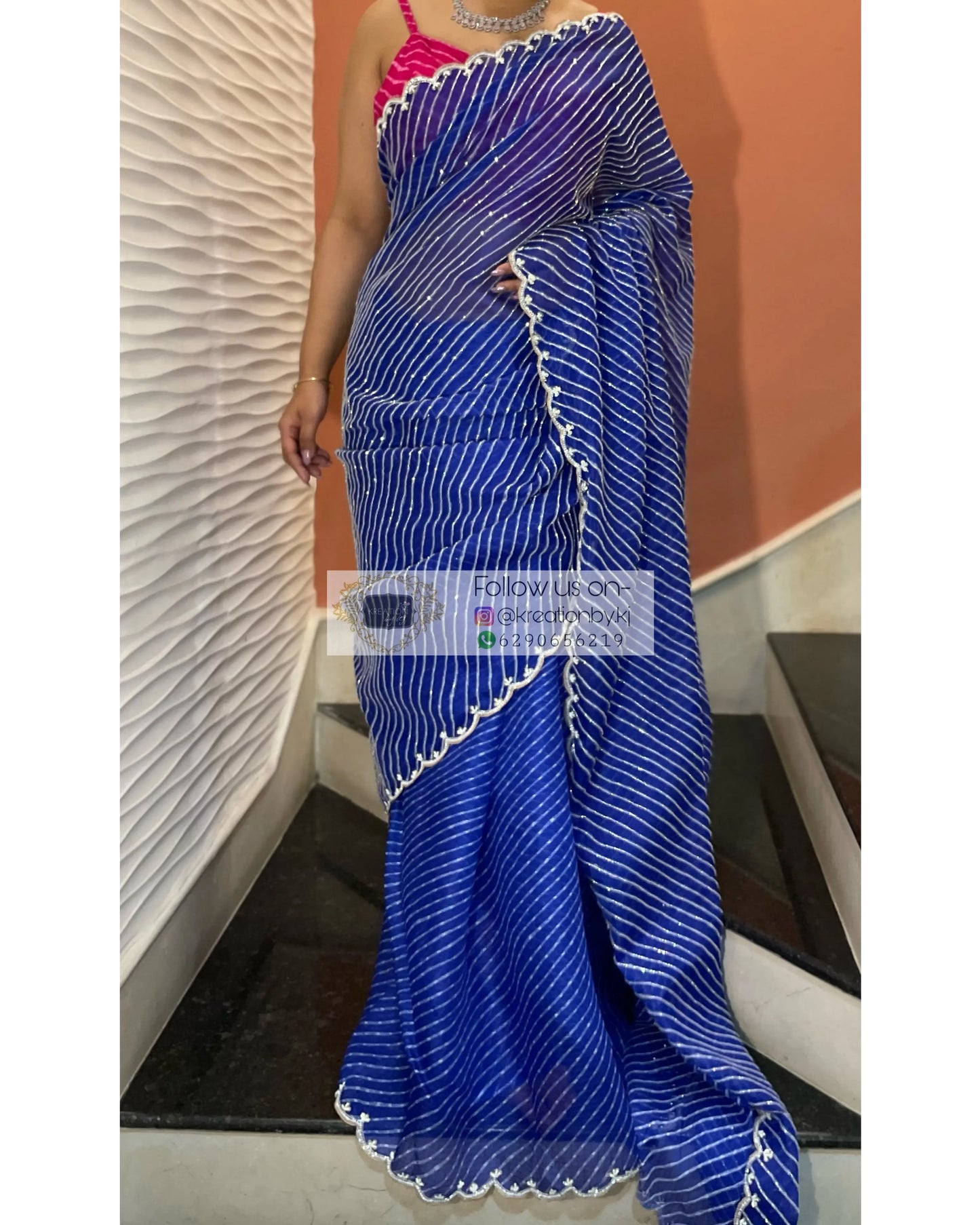 Neela Leher Cutdana Saree - kreationbykj