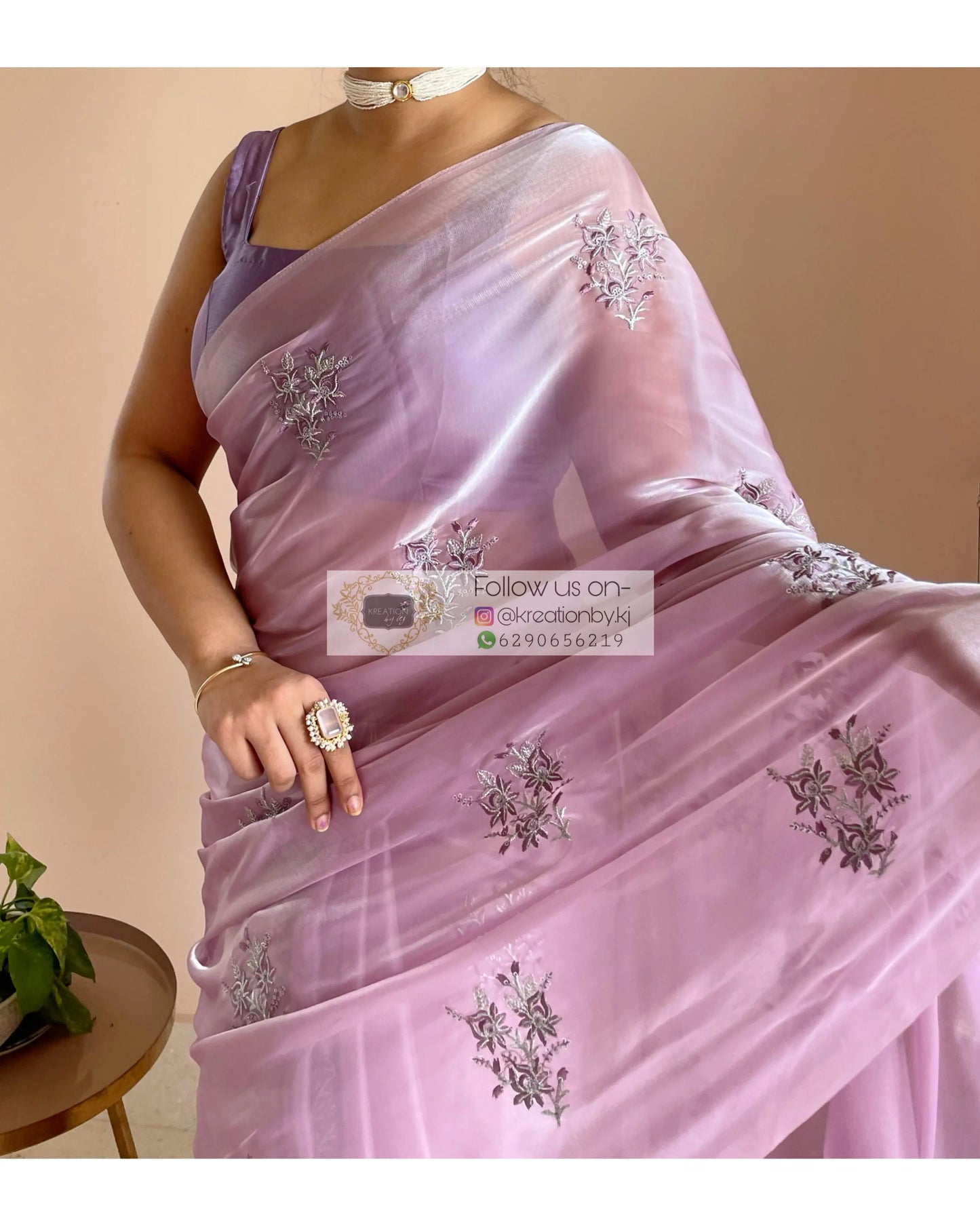 Lilac Glass Organza Saree with Embroidery kreationbykj
