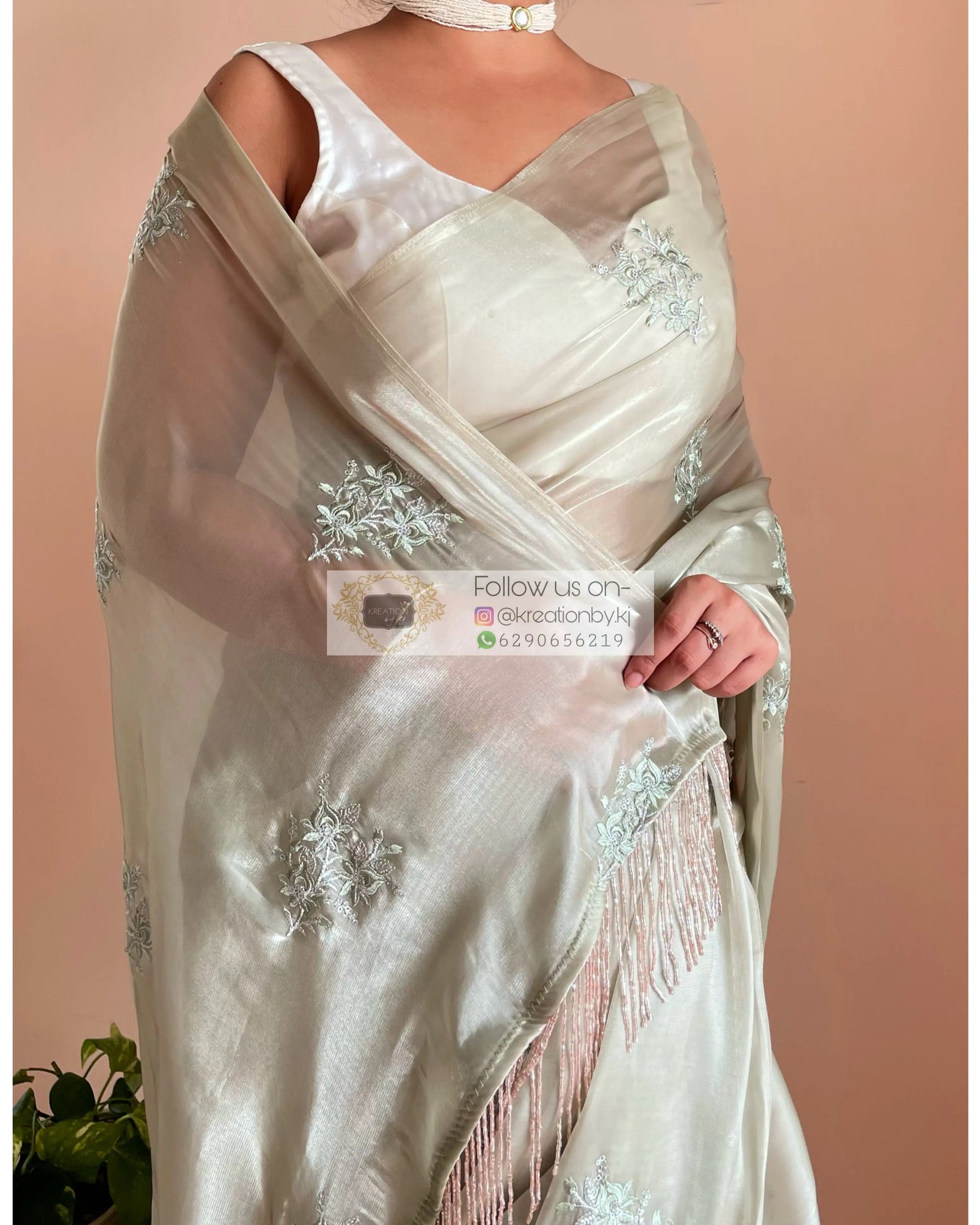 Ash Green Glass Organza Saree with Embroidery kreationbykj