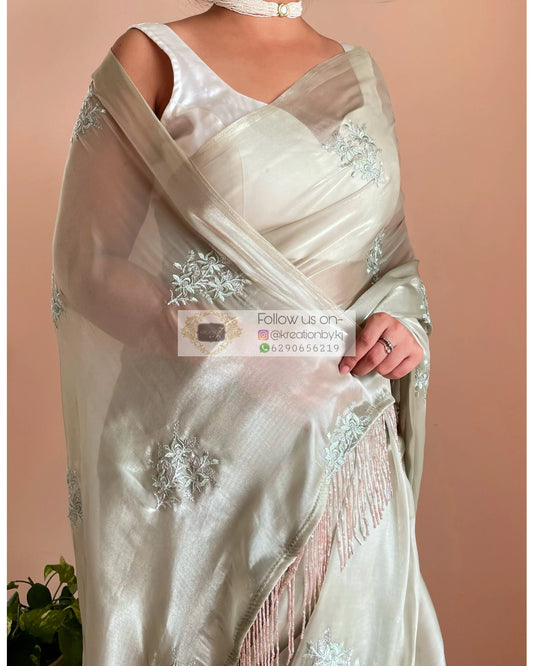 Ash Green Glass Organza Saree with Embroidery kreationbykj