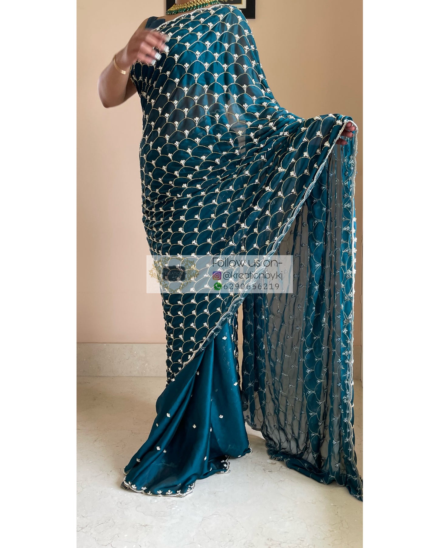 Teal Mehraab Cutdana Jaal Saree - kreationbykj