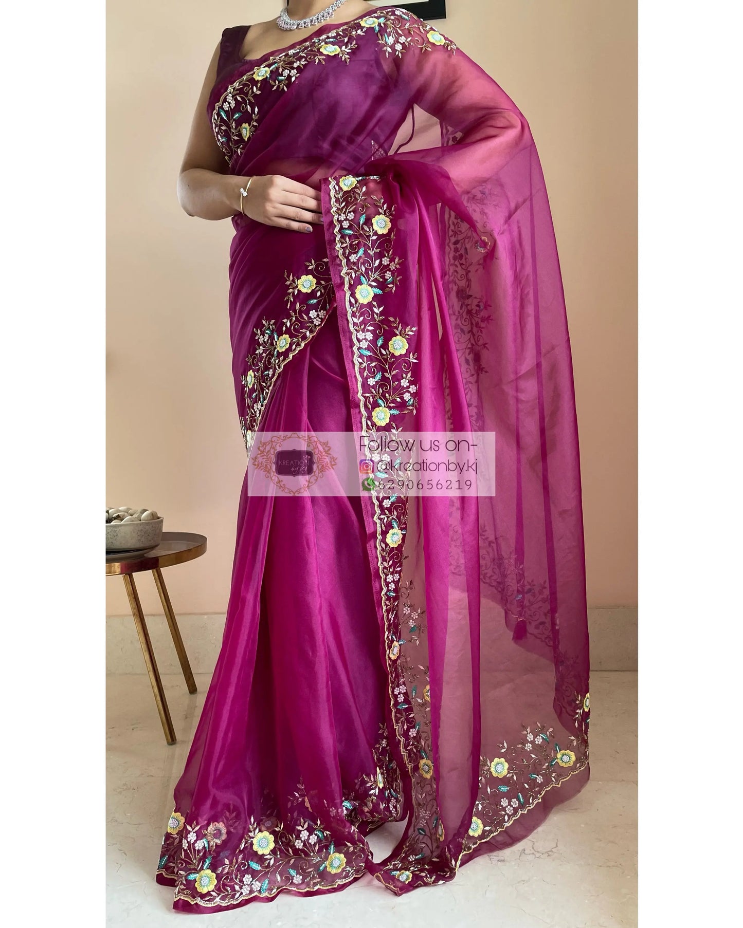 Pankhuri Wine Organza Saree - kreationbykj