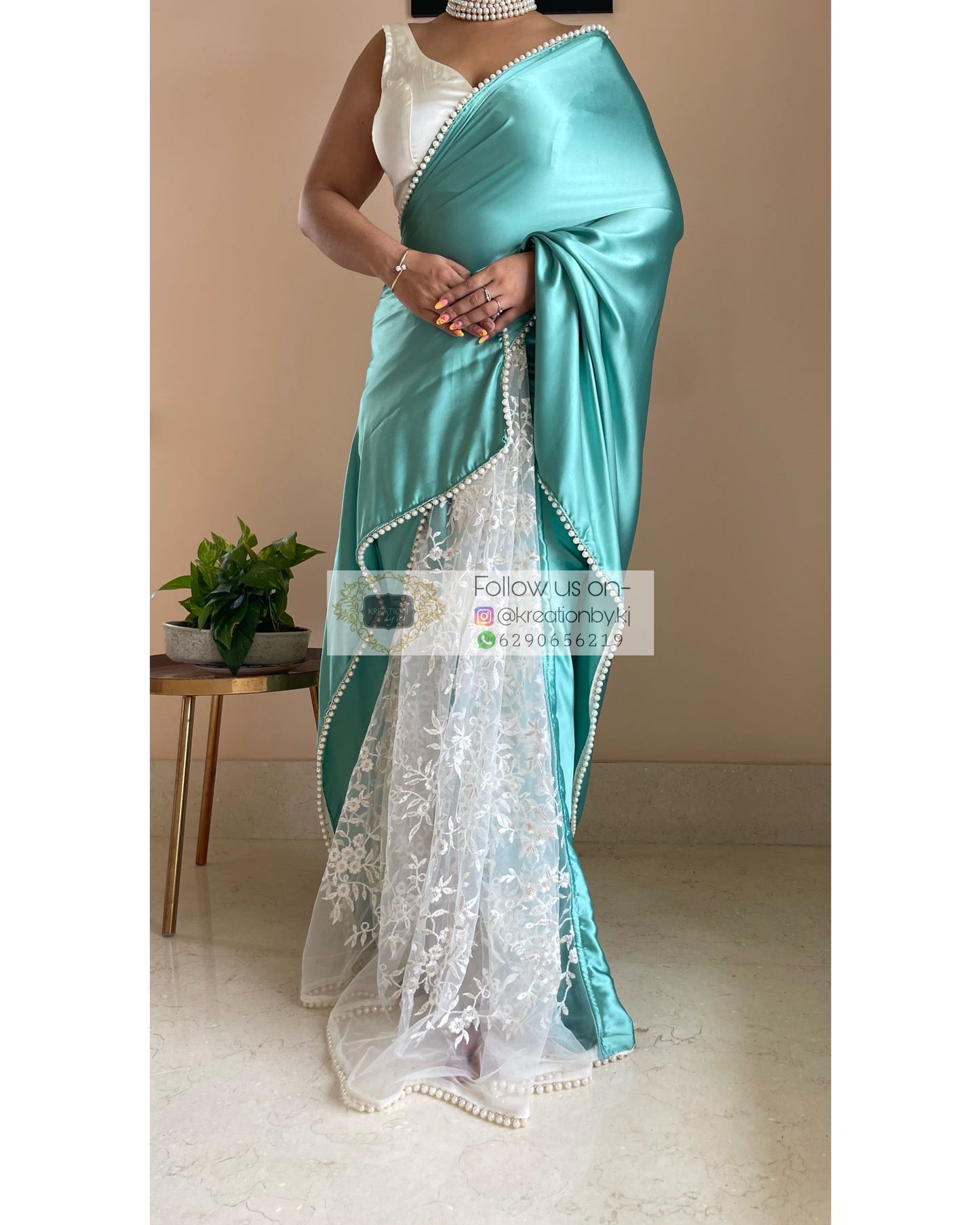 Turquoise Cherry Blossom Saree kreationbykj
