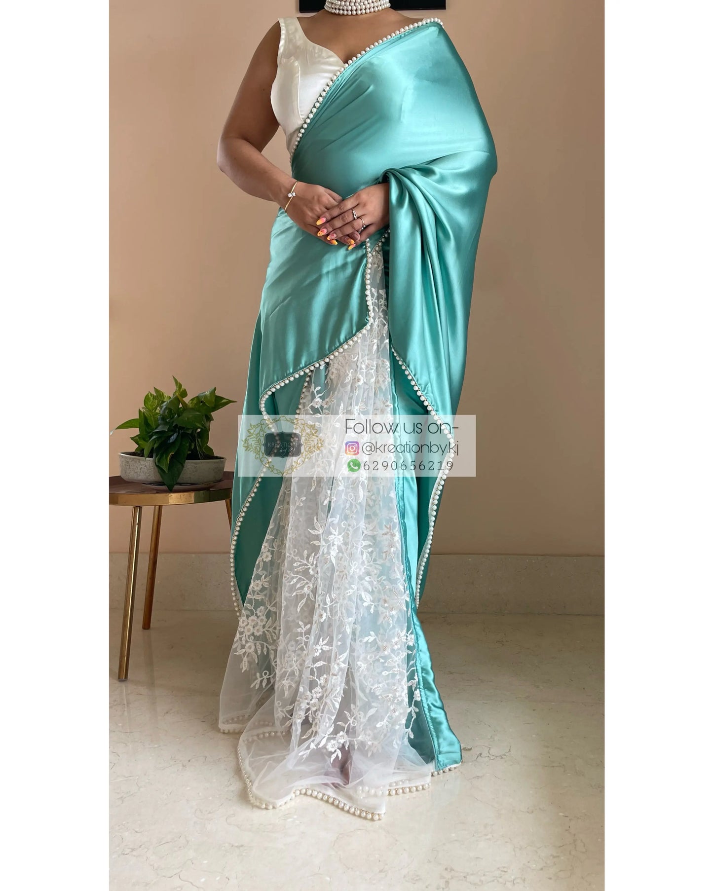 Turquoise Cherry Blossom Saree kreationbykj
