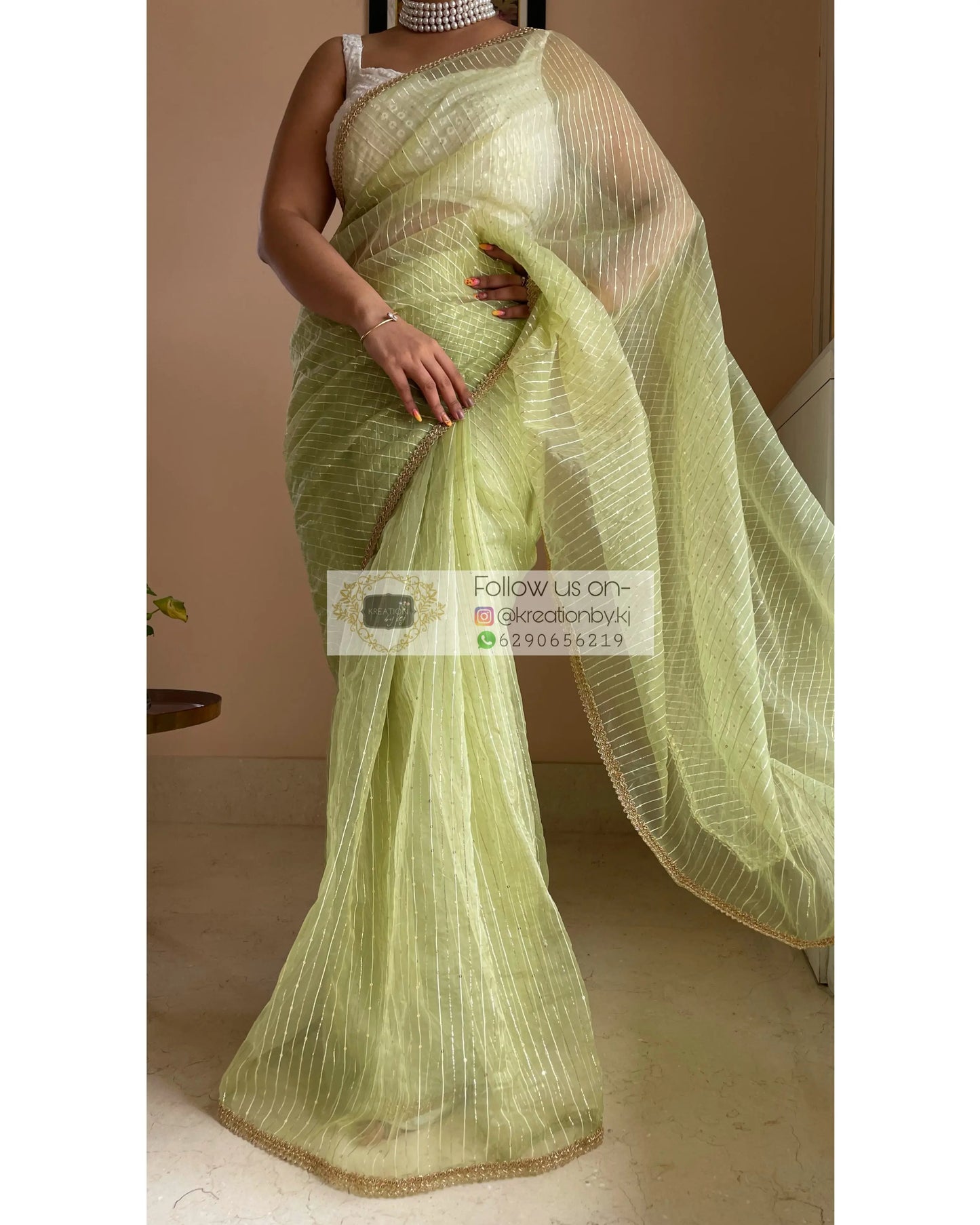 Green Organza Saree with Stripes kreationbykj