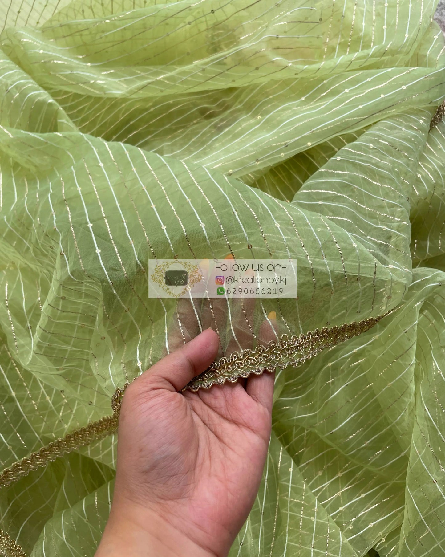 Green Organza Saree with Stripes kreationbykj