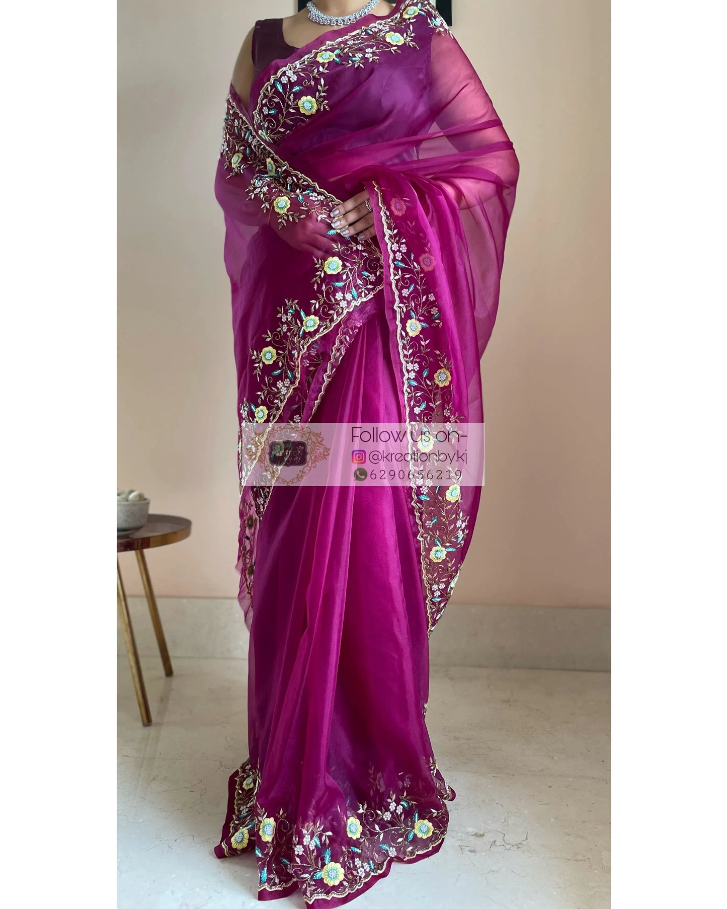 Pankhuri Wine Organza Saree - kreationbykj