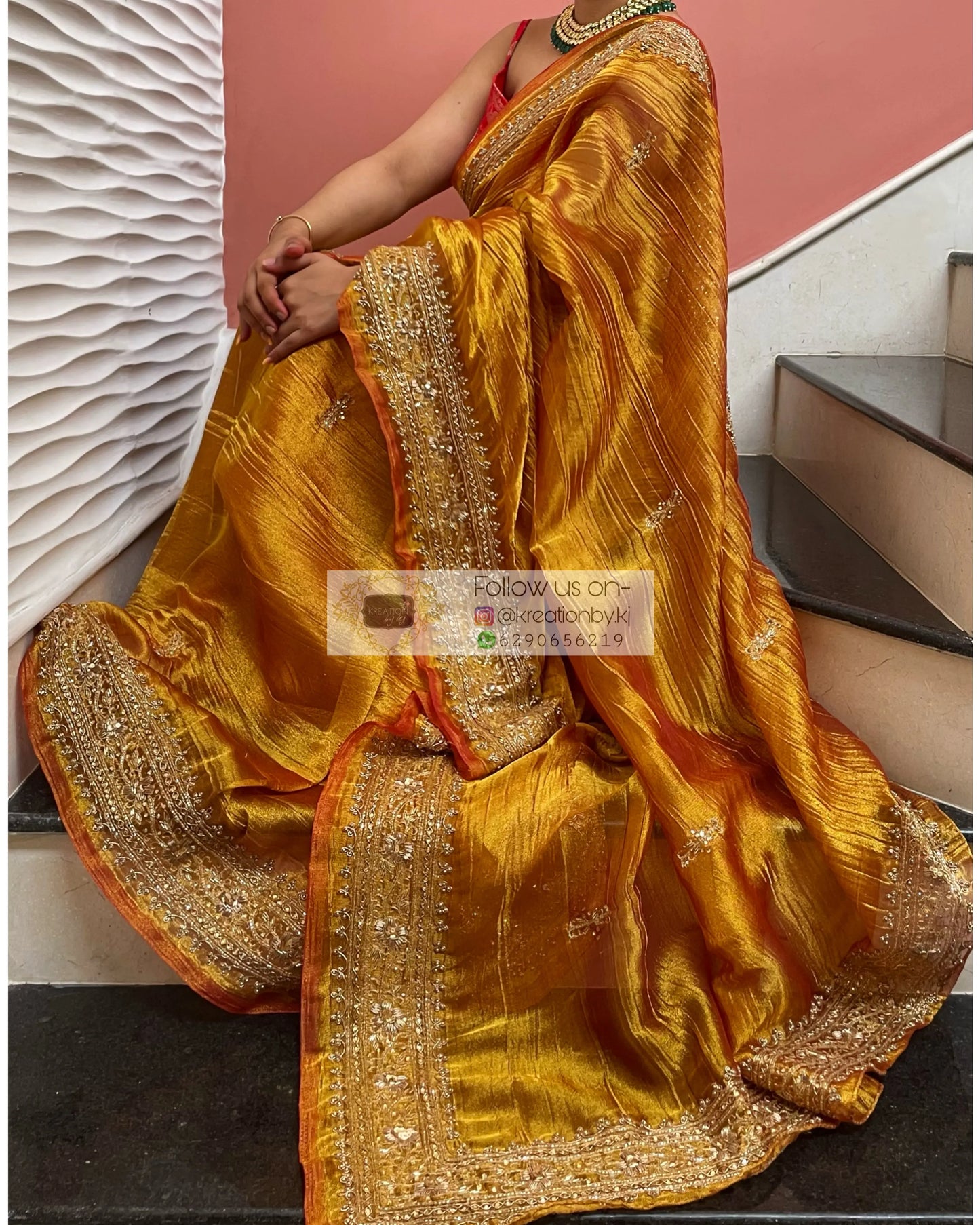 Fiery Gold Zari Tissue Zarina Saree kreationbykj