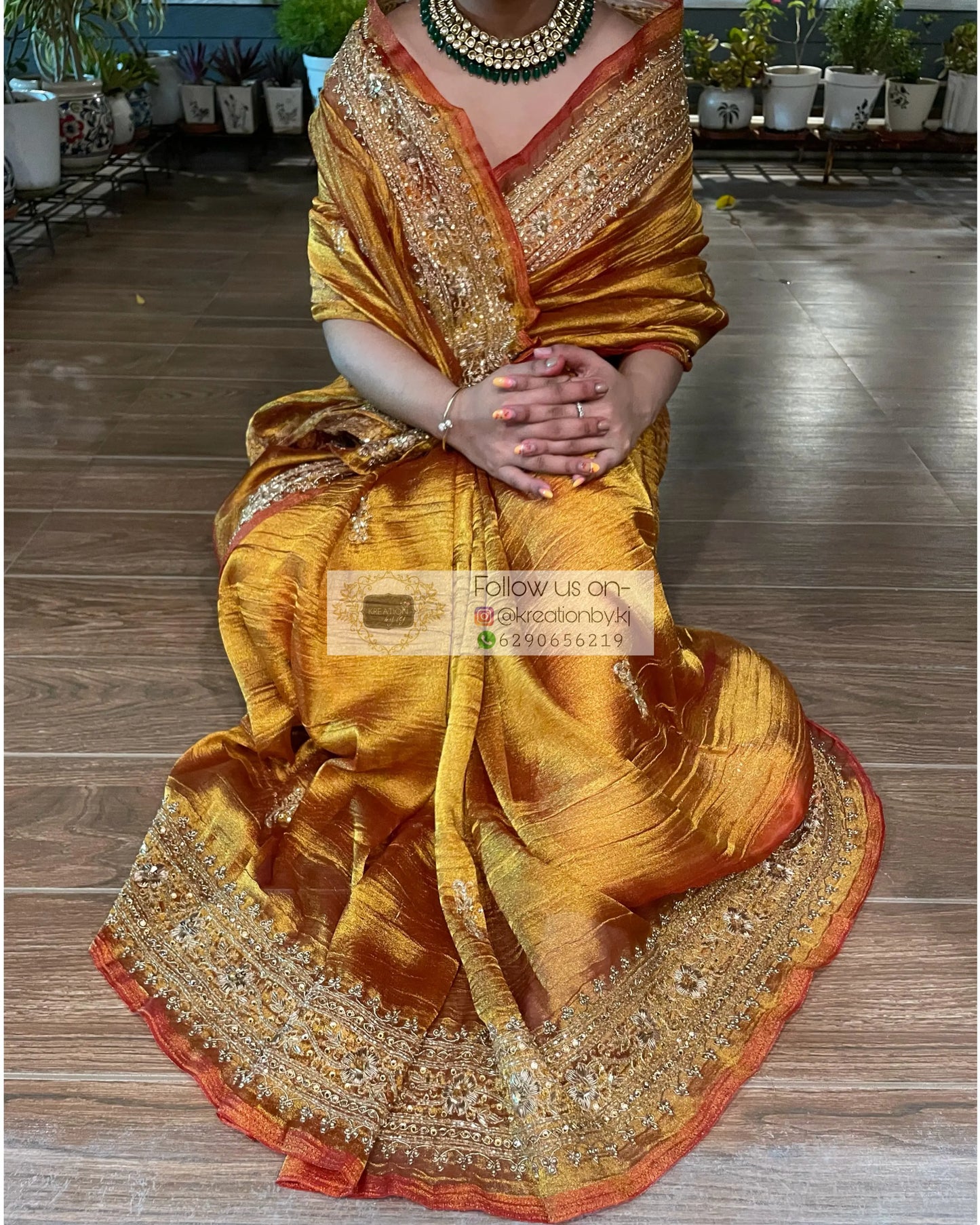 Fiery Gold Zari Tissue Zarina Saree kreationbykj